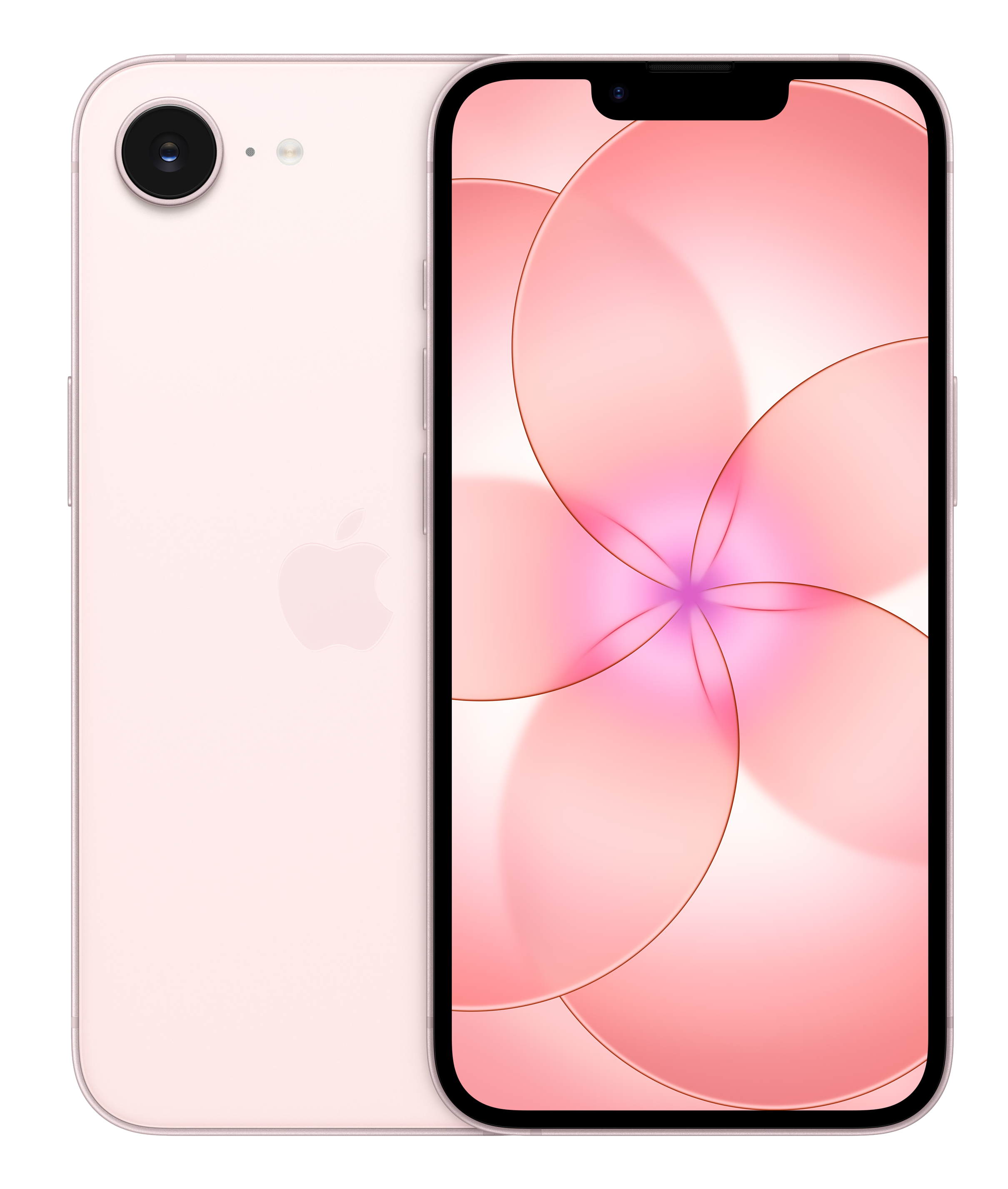 Różowy iPhone na czarnym tle. Tył pokazuje aparat i logo Apple.