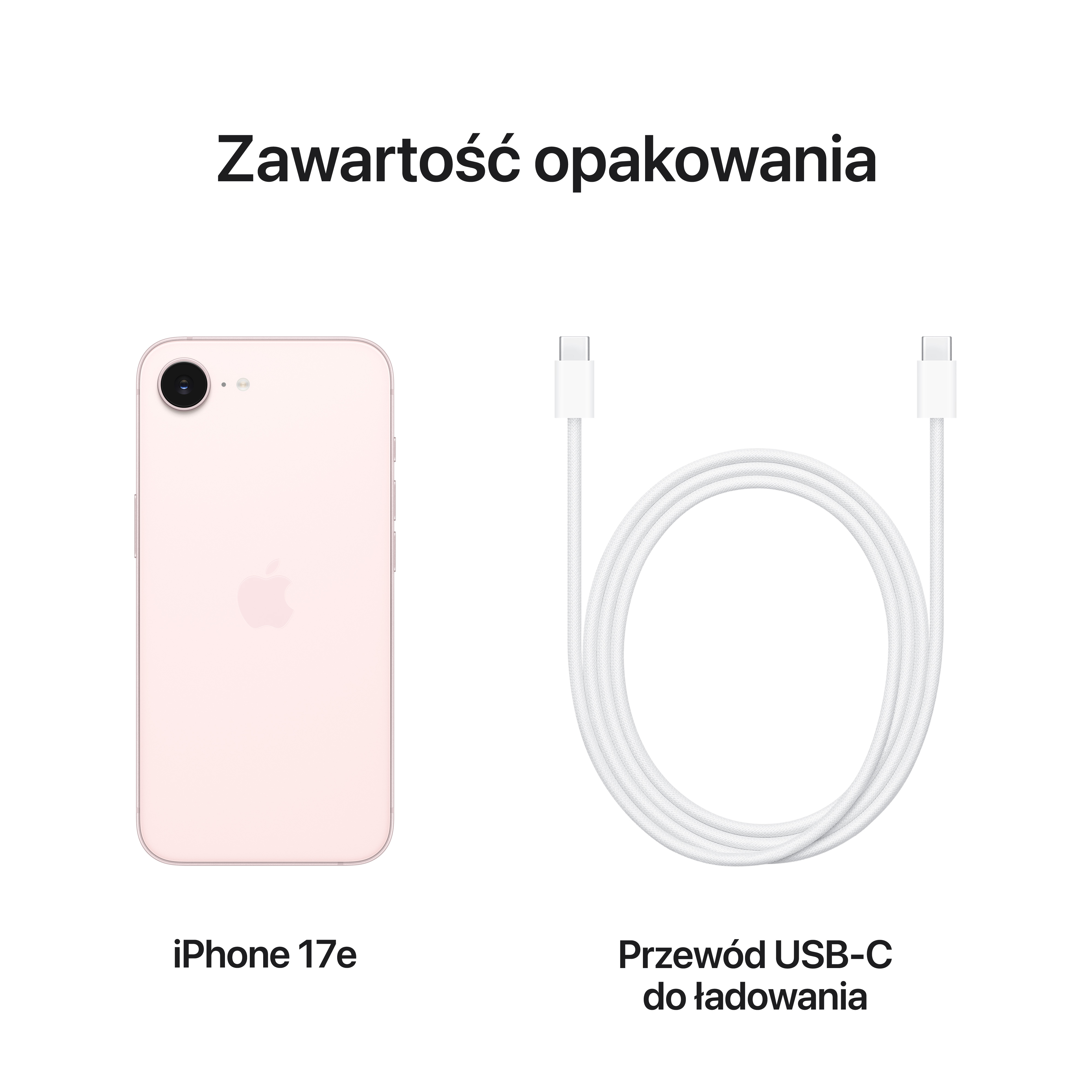 Różowy iPhone i biały kabel ładujący USB-C na białym tle.