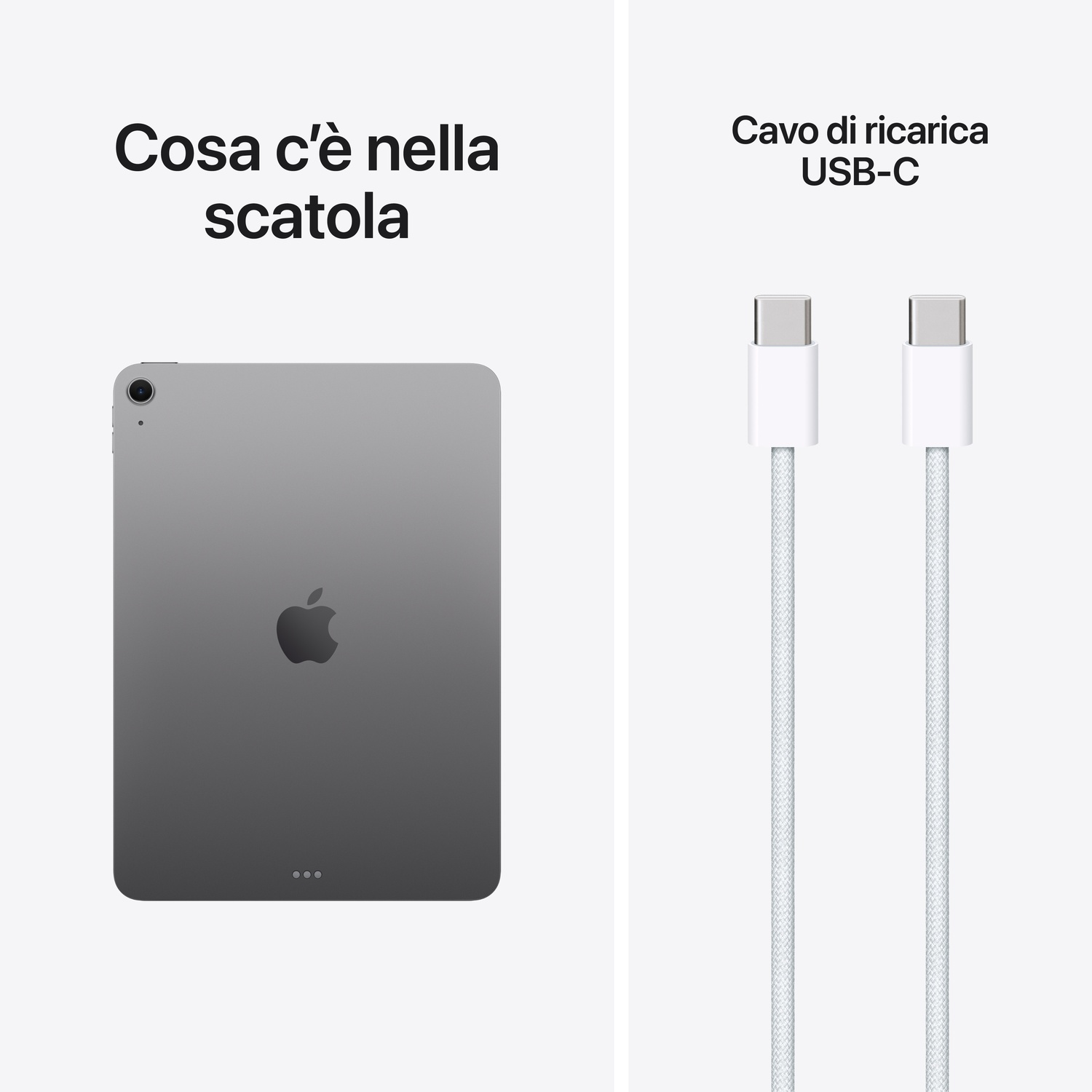Un tablet grigio e due cavi di ricarica USB-C bianchi su sfondo bianco.