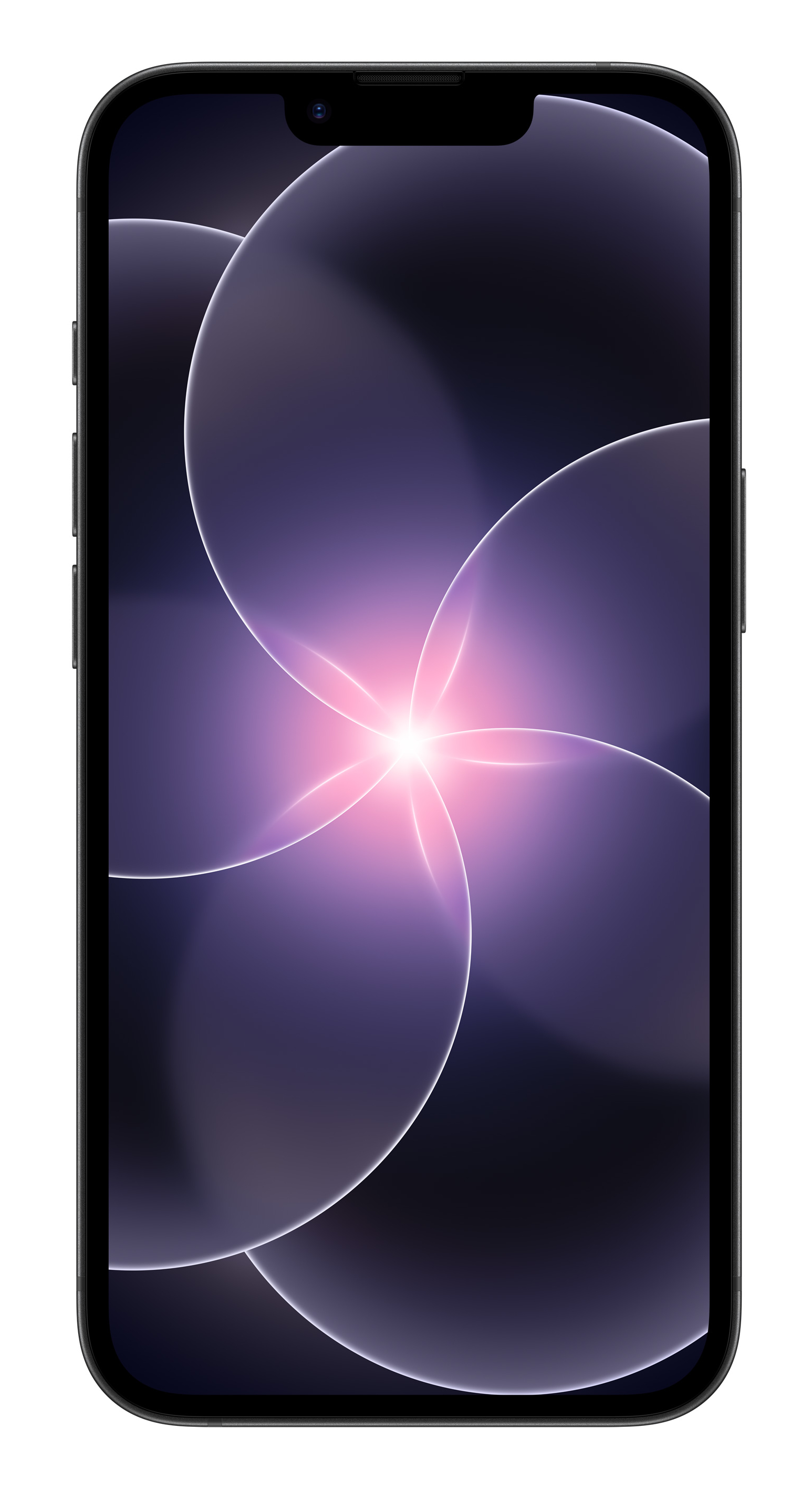 Czarny smartfon z fioletowym i różowym abstrakcyjnym tłem.