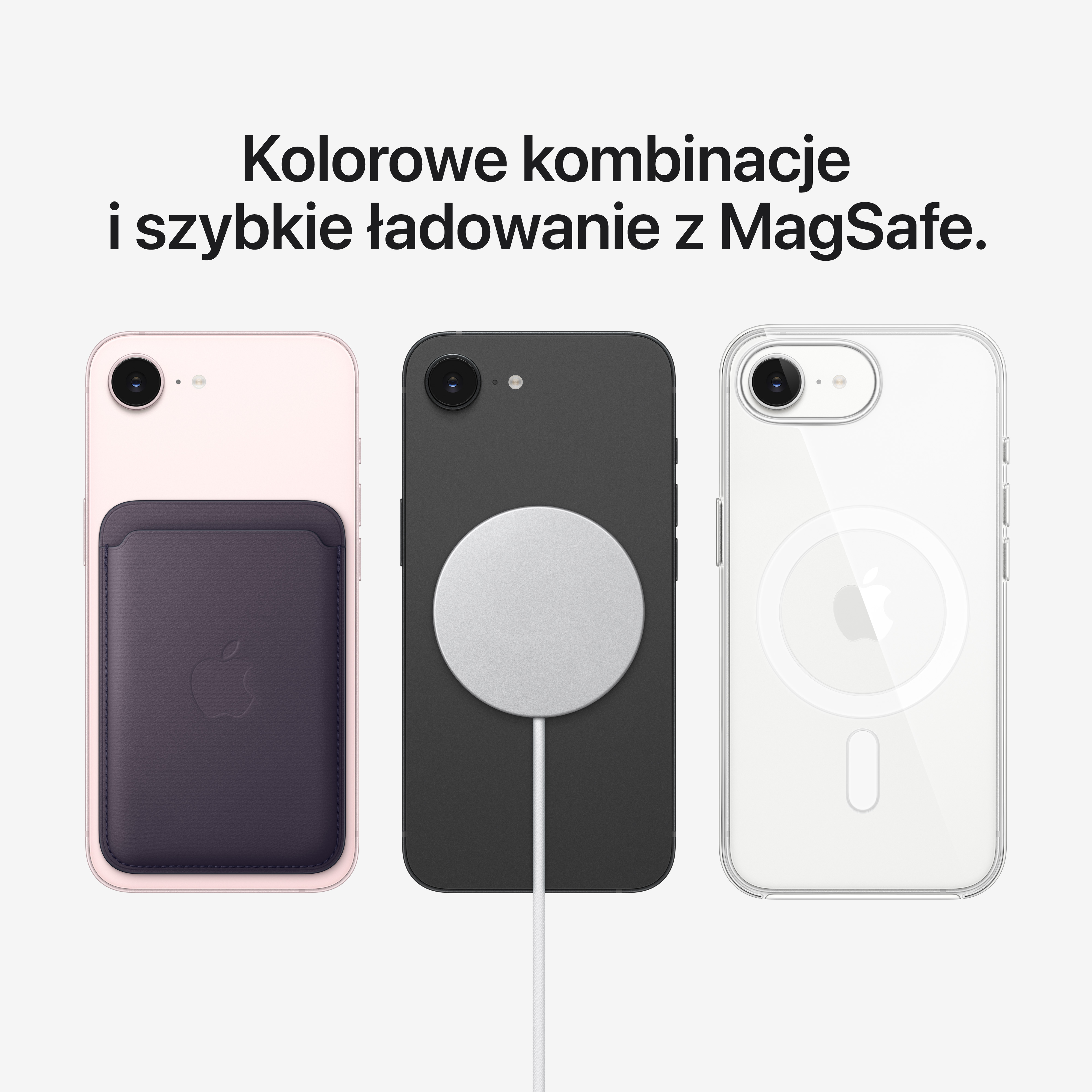 Trzy iPhone'y: Różowy z etui na karty, czarny z ładowarką MagSafe, przezroczysty z etui.