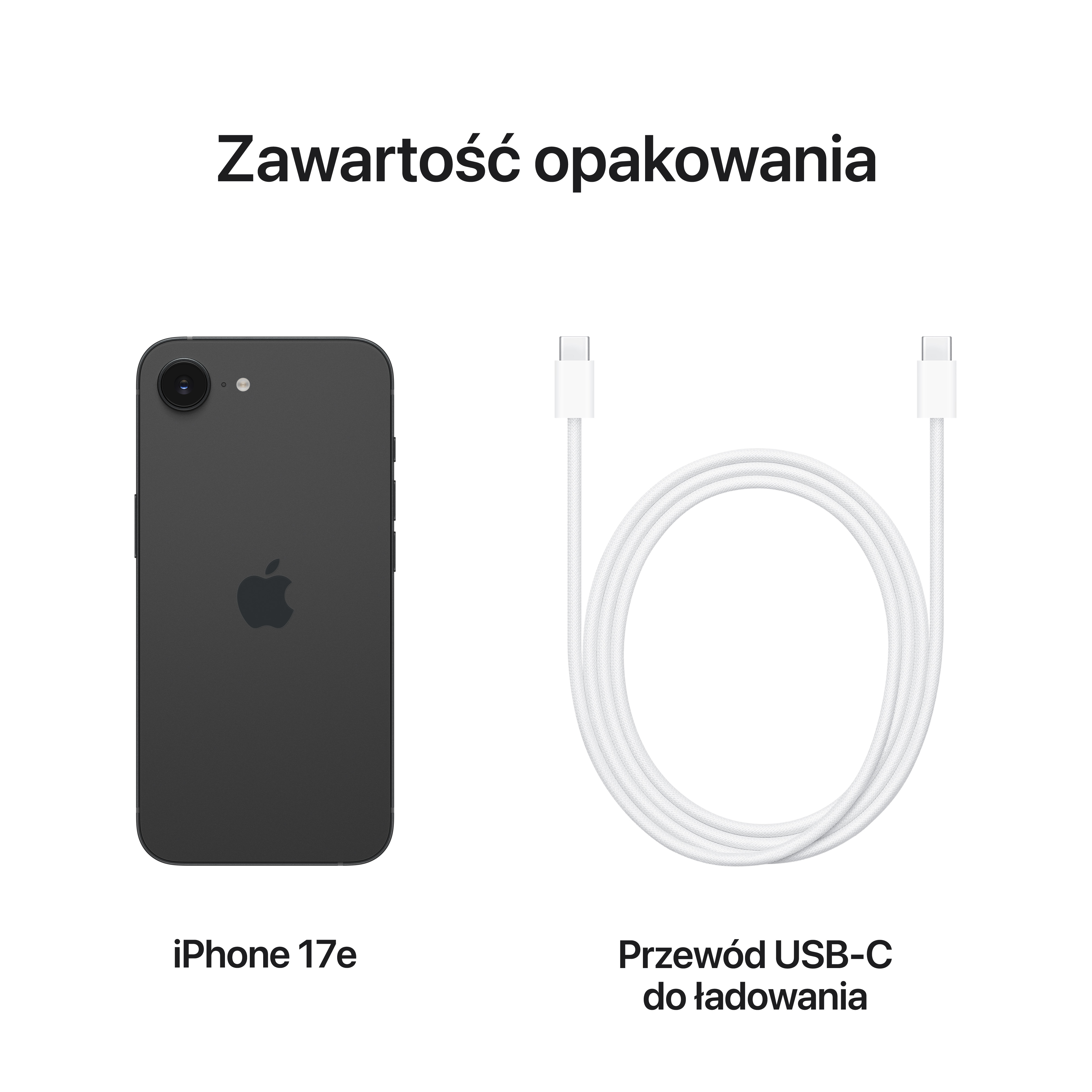 Czarny iPhone 17e i biały kabel ładujący USB-C.