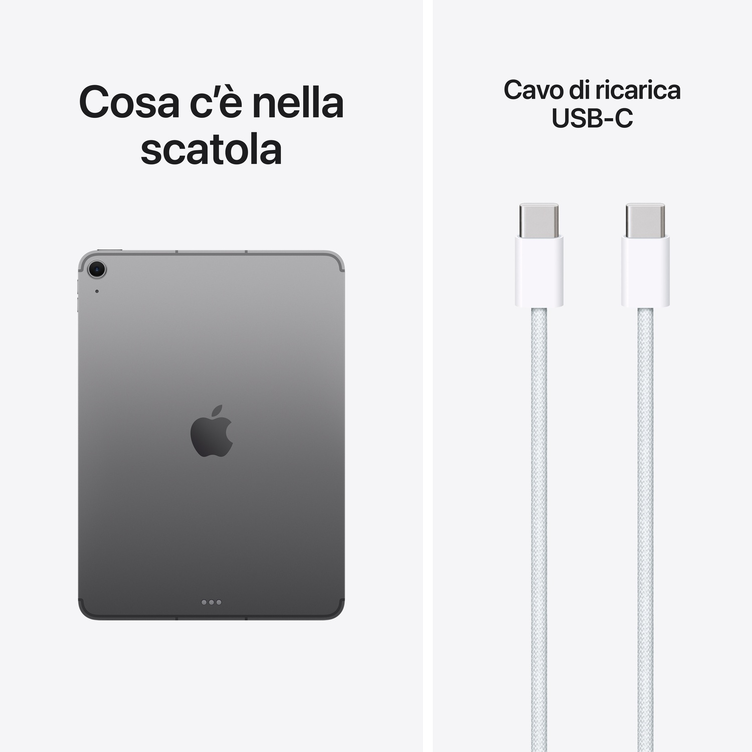 Un tablet grigio e due cavi di ricarica USB-C bianchi su sfondo bianco.