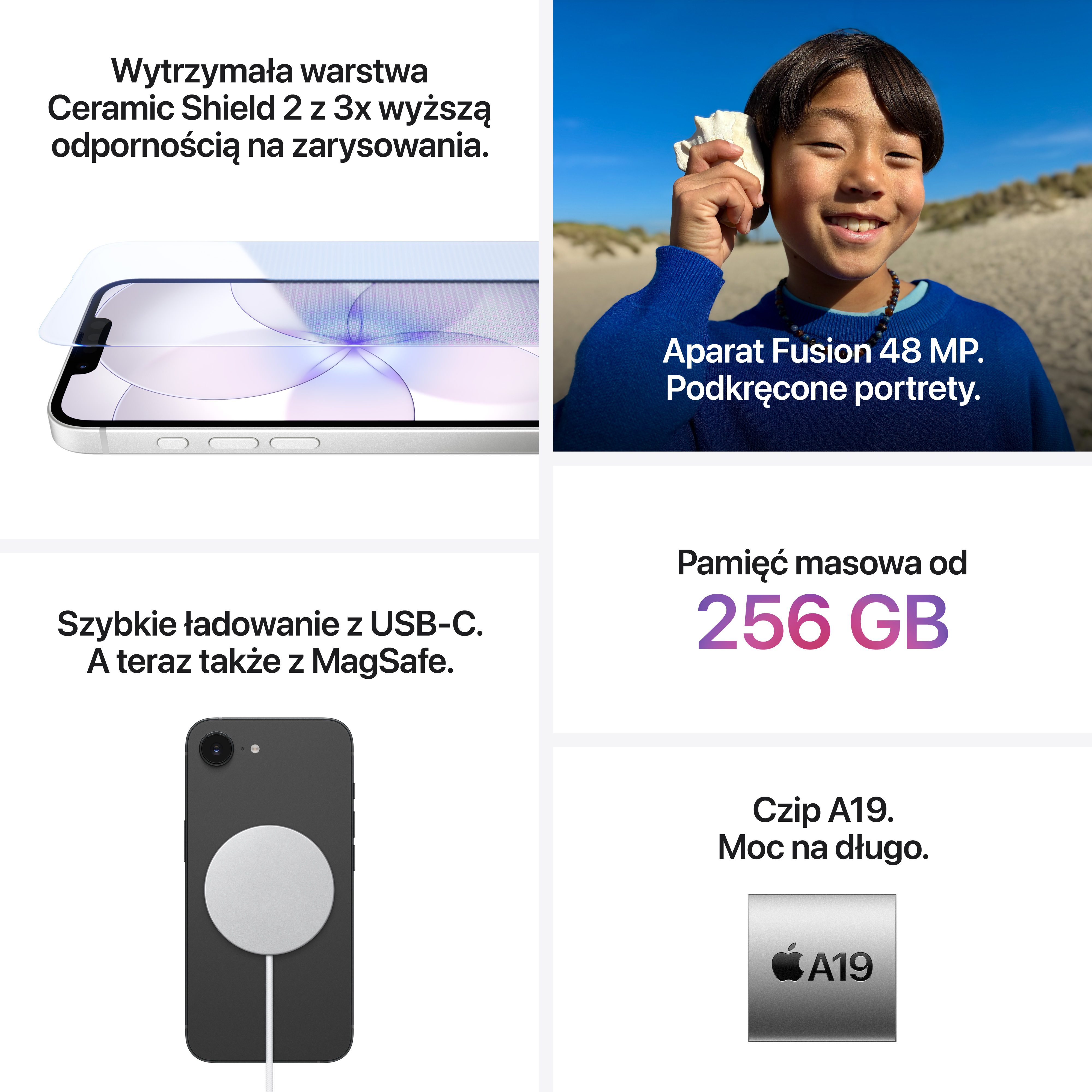 Wyświetlacz Ceramic Shield, aparat 48 MP, pamięć 256 GB, czip A19.
