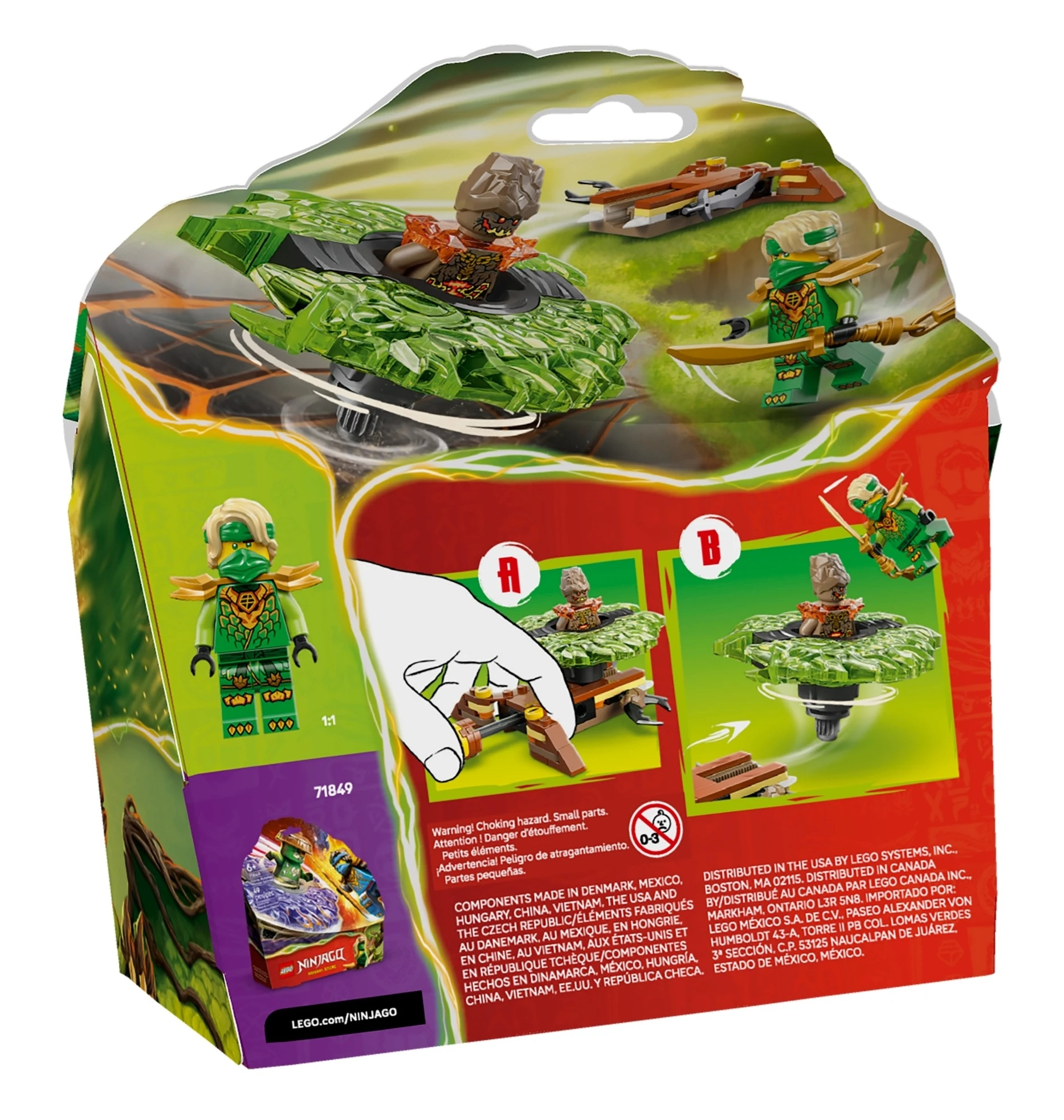 Opakowanie zabawki LEGO Ninjago z figurkami i pojazdami.