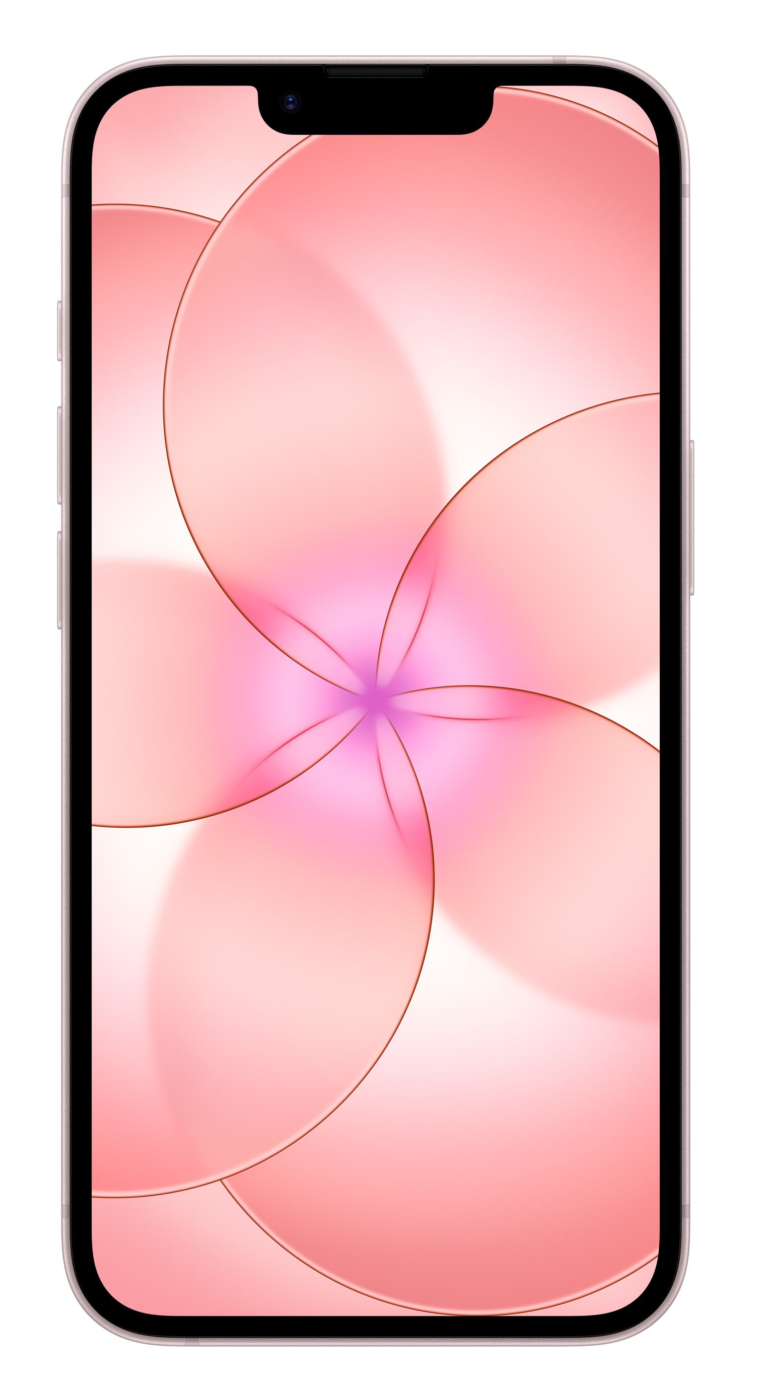 Różowy smartfon z tapetą w kwiaty, na białym tle.