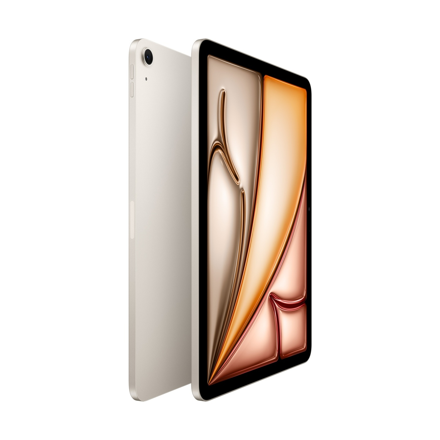 Un tablet argentato con modulo fotocamera, che mostra una grafica astratta sullo schermo.