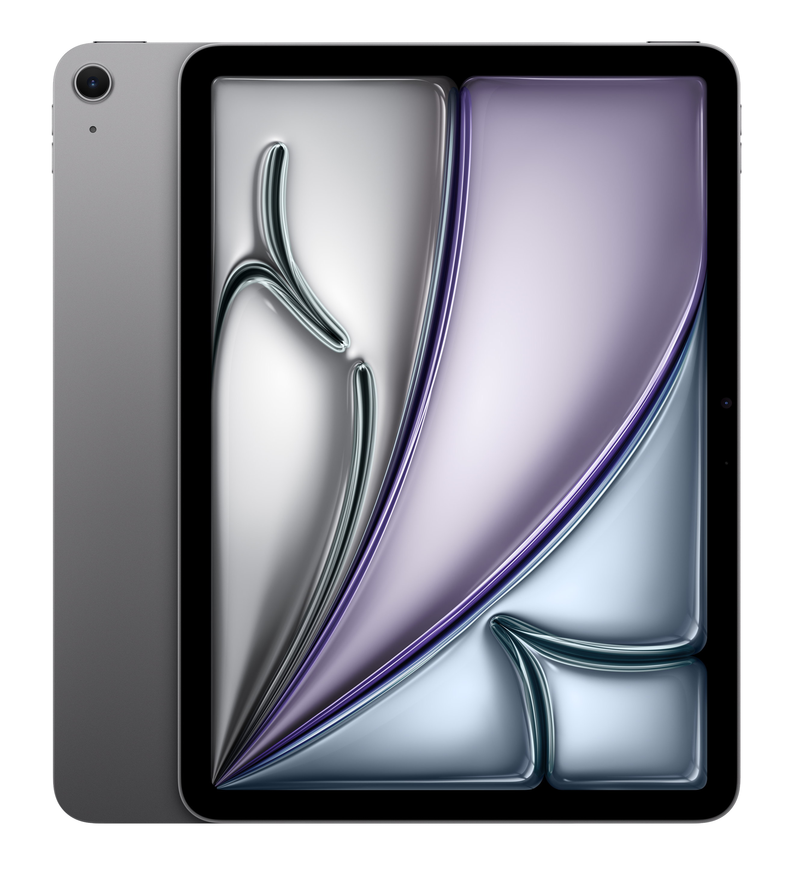 Szary tablet wyświetla abstrakcyjny, falisty wzór w odcieniach fioletu i srebra.