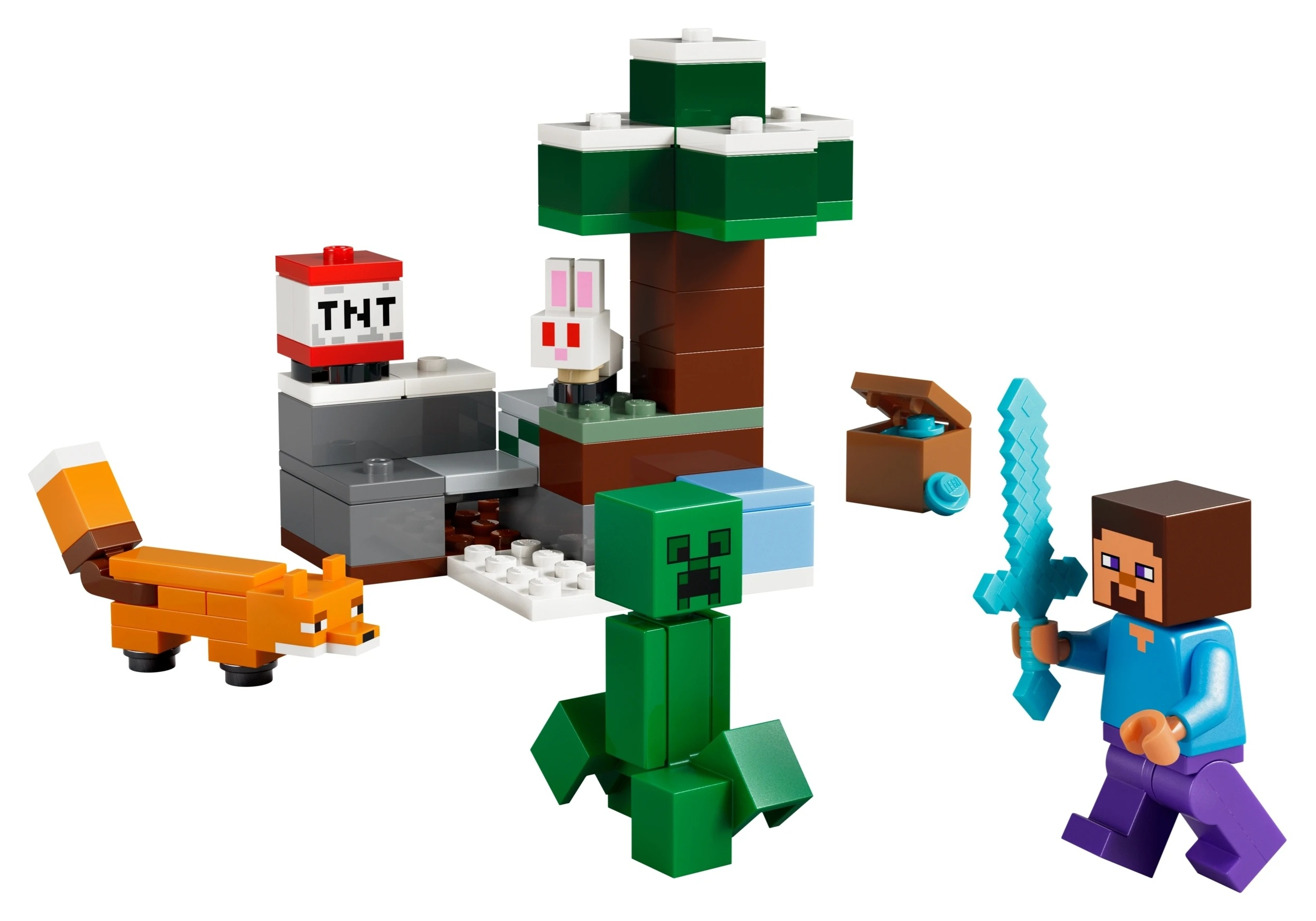 Scena Lego Minecraft z lisem, creeperem, Stevem, królikiem i drzewem.