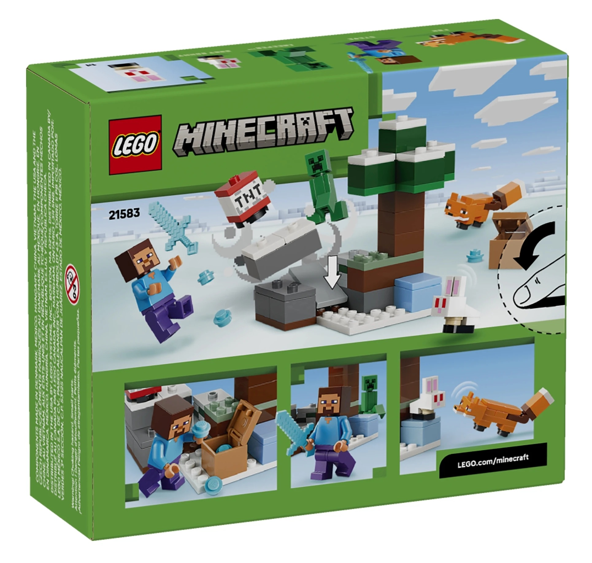 Pudełko LEGO Minecraft: Steve, Creeper, TNT, Lis, Królik, Drzewo, Śnieg.