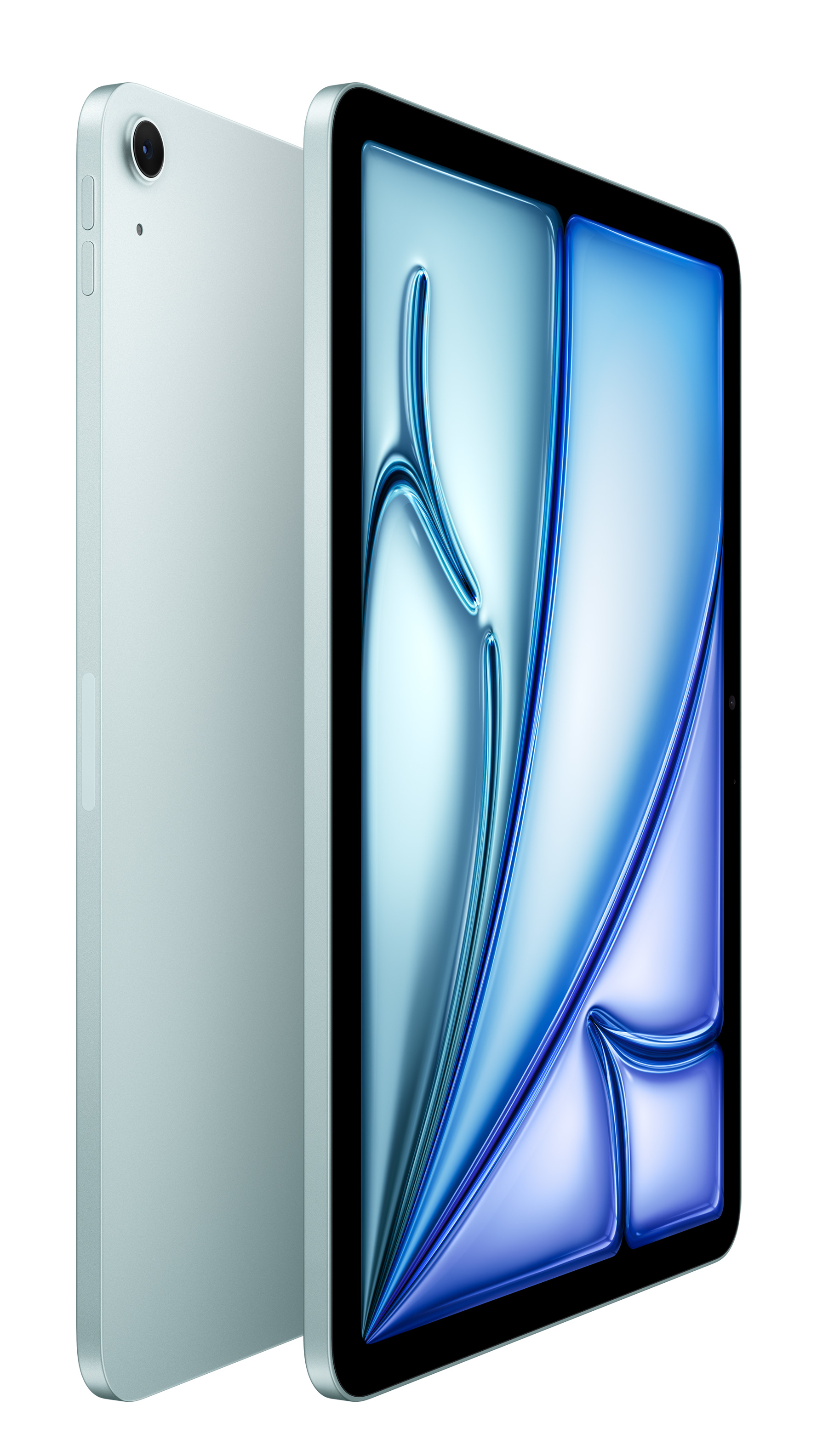 Jasnoniebieski tablet z abstrakcyjnym niebieskim tłem na ekranie.