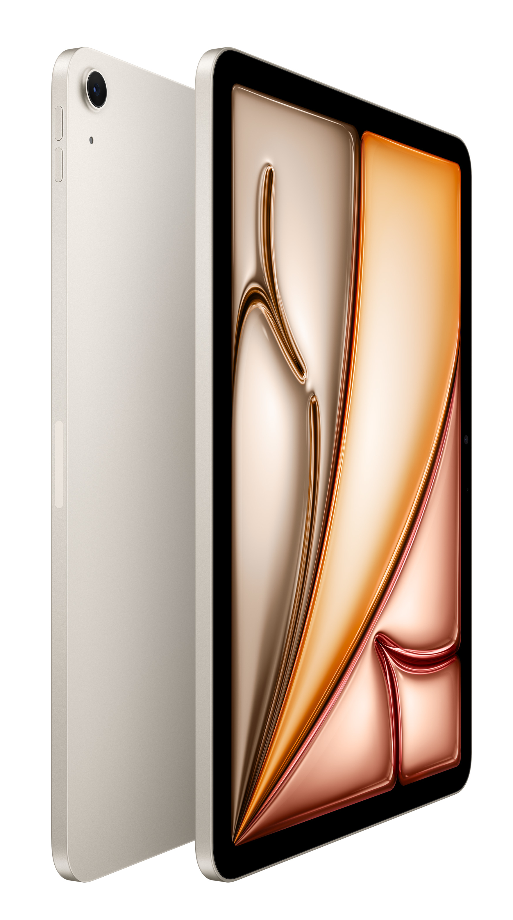 Srebrny tablet z modułem aparatu z tyłu. Ekran przedstawia abstrakcyjną grafikę w kolorze złota i miedzi.