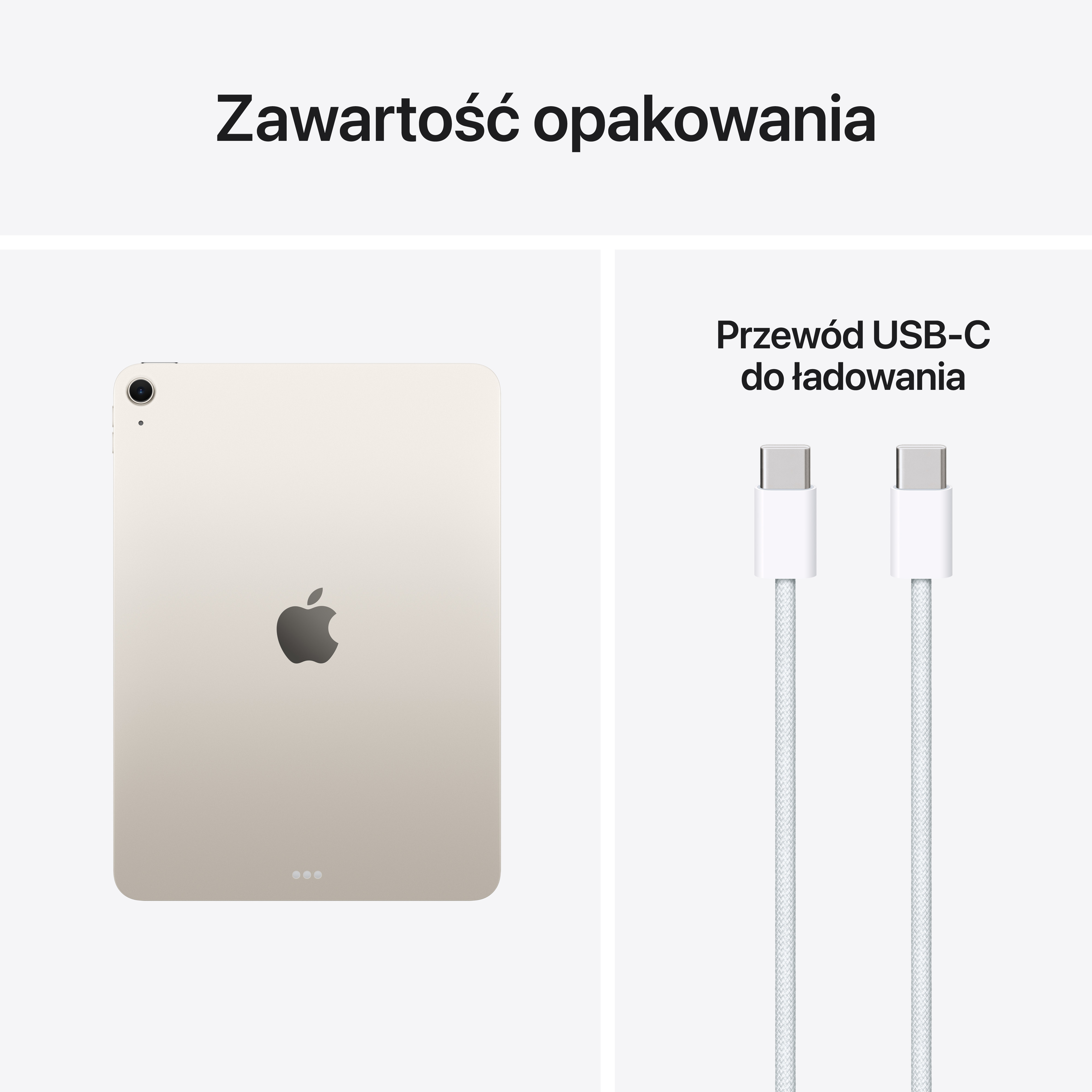 Jasnozłoty iPad i dwa białe kable USB-C.