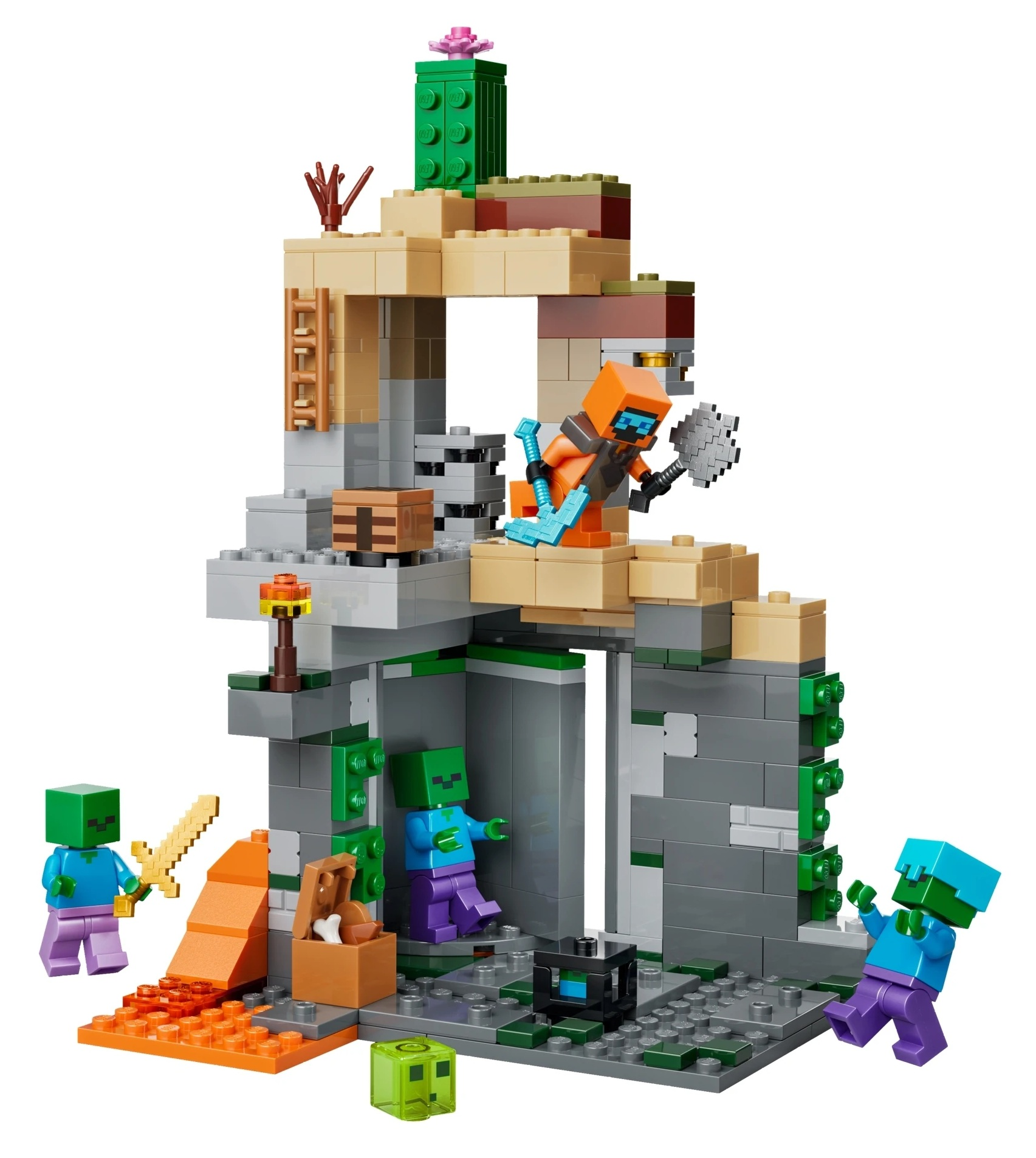 Scena LEGO Minecraft z zombie, graczem i strukturą.