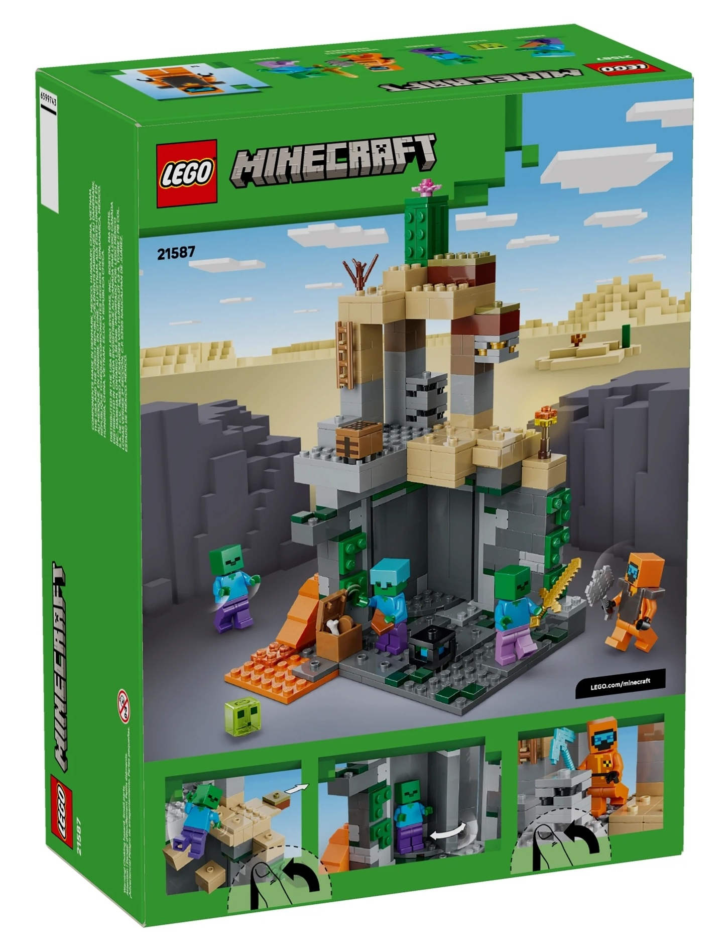 Zestaw LEGO Minecraft z zombie i graczem w pustynnym krajobrazie.