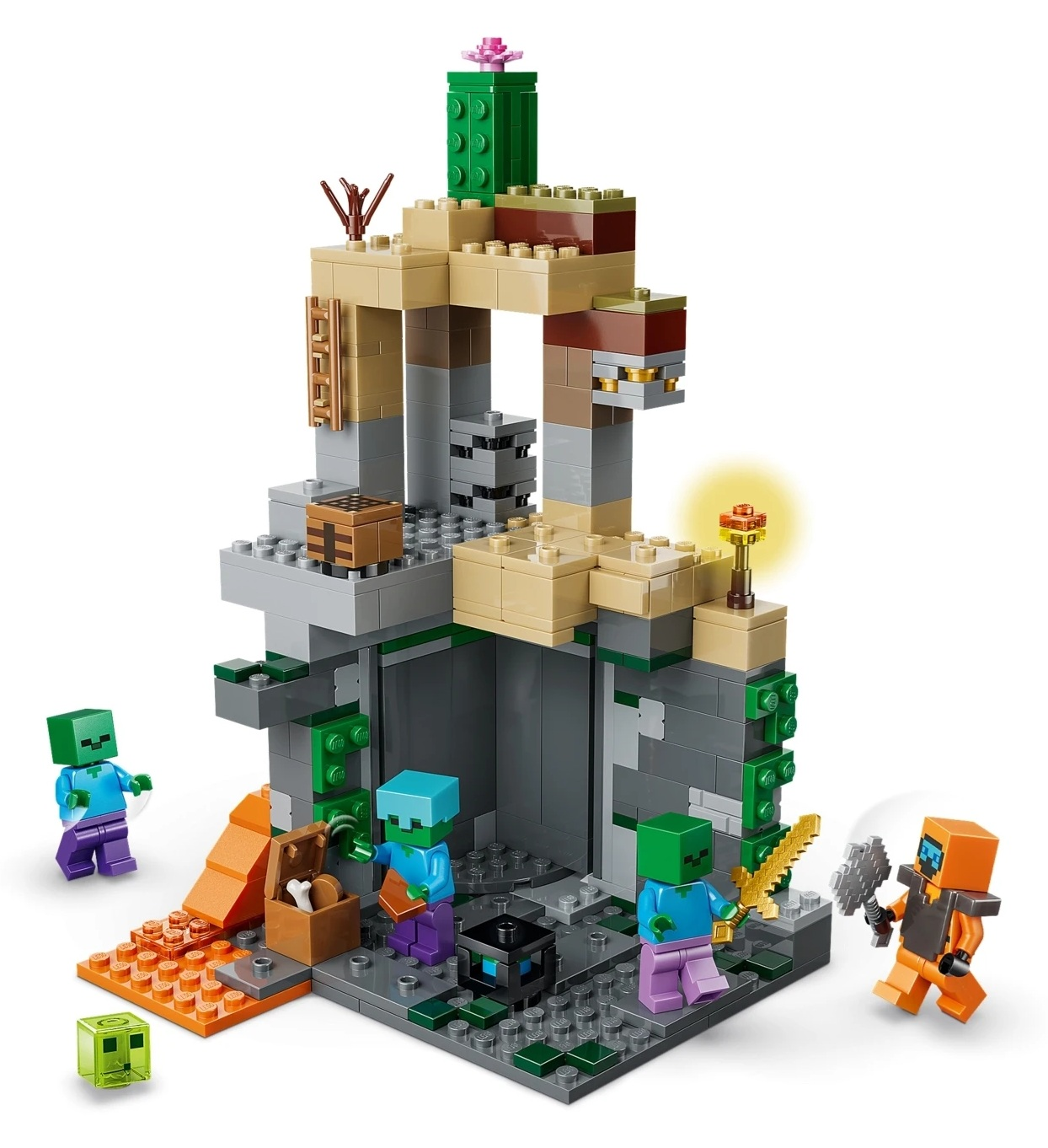 Scena LEGO Minecraft z zombie, creeperem i fortecą.
