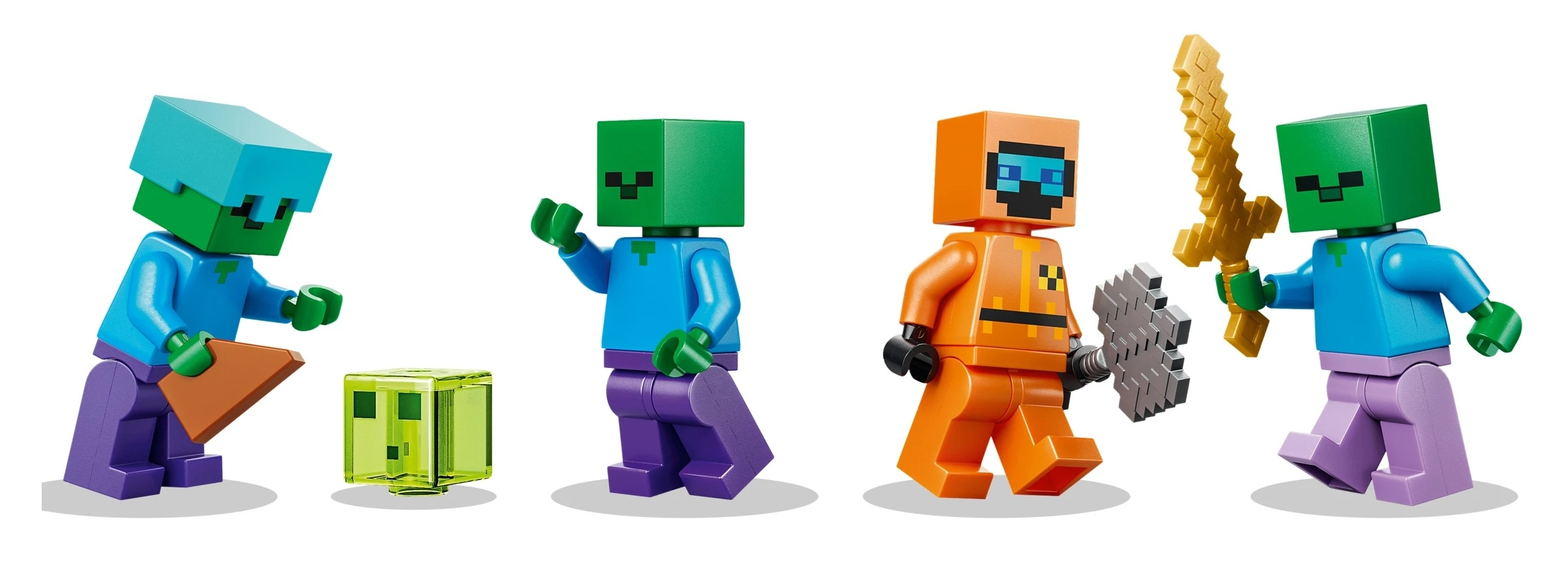 Cztery postacie z Minecraft: dwa zombie, astronauta i szkielet z bronią.
