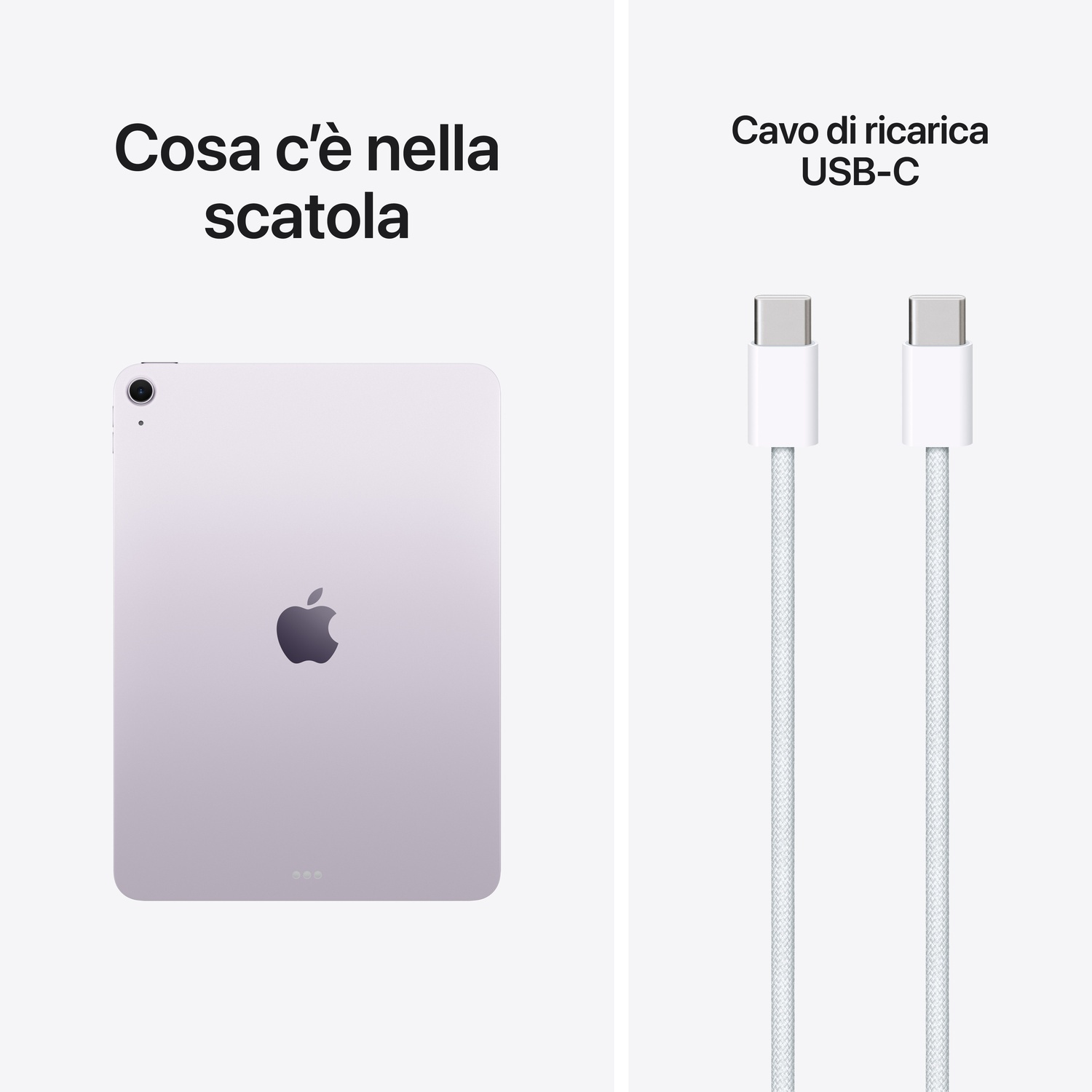 Un tablet viola chiaro e due cavi di ricarica USB-C bianchi.