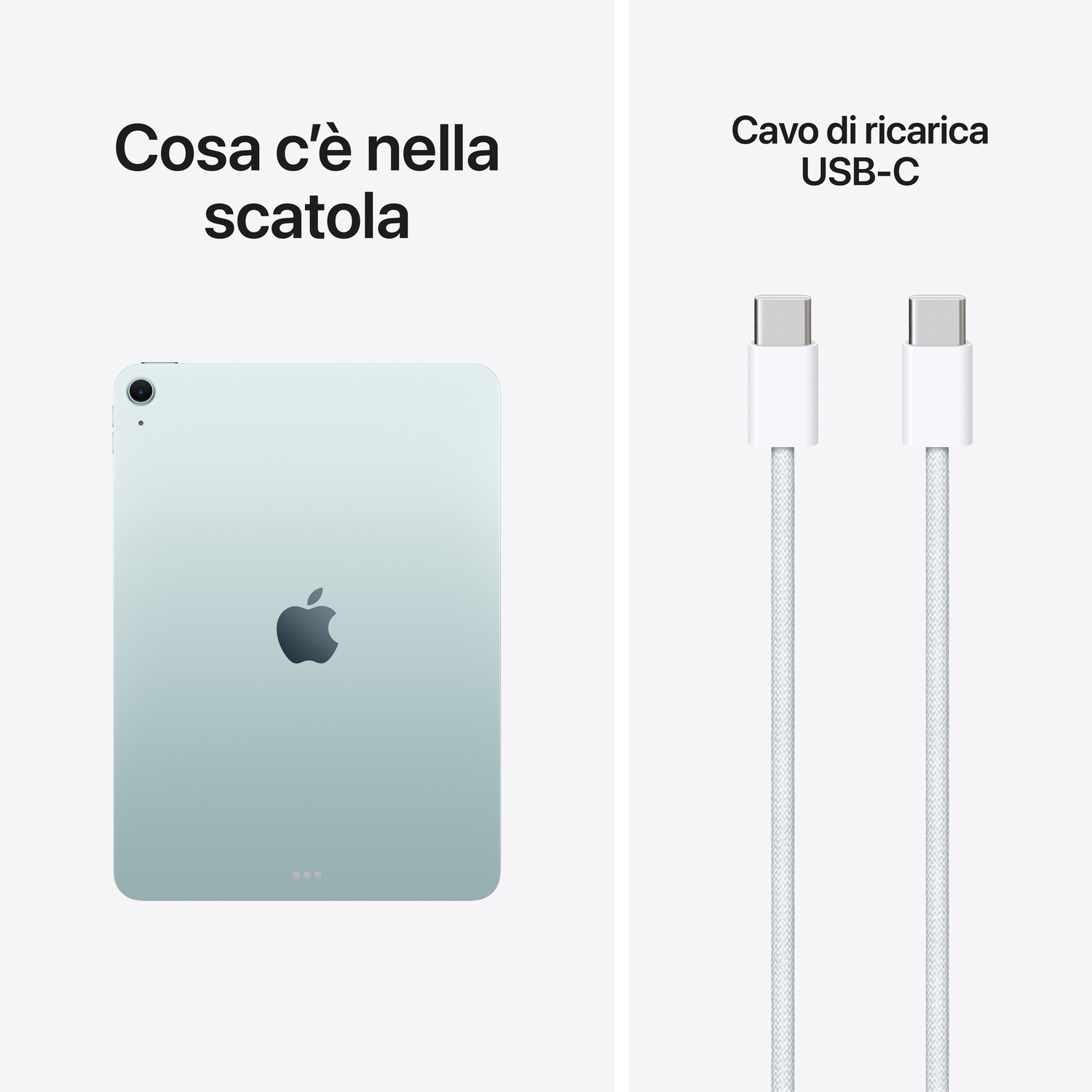 Un tablet verde chiaro e due cavi di ricarica USB-C bianchi su sfondo bianco.