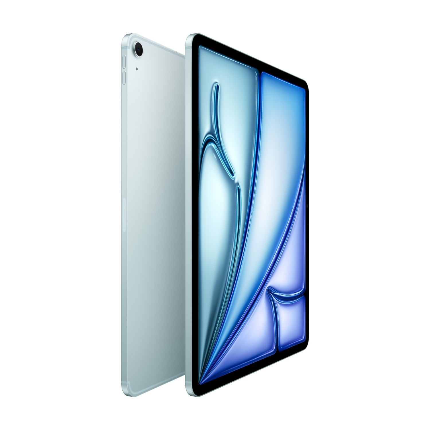 Un tablet azzurro è in piedi. Lo schermo mostra un design liquido blu.