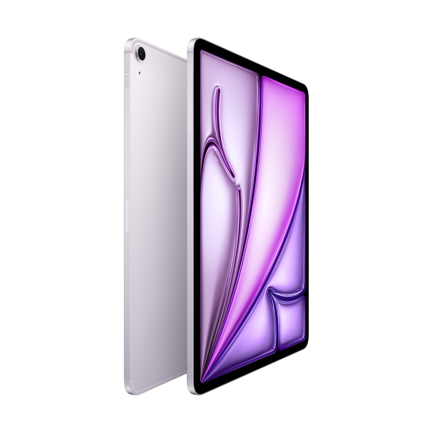Un tablet argentato è in piedi, il suo schermo mostra un motivo astratto viola.