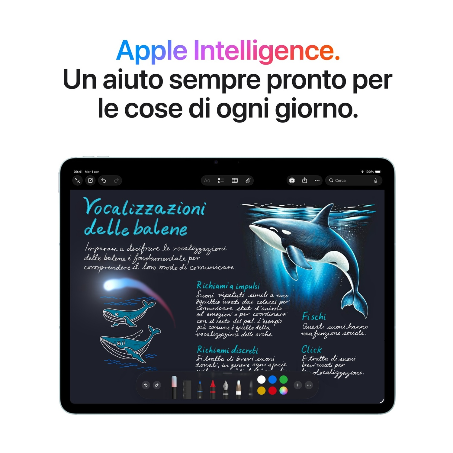 Un'orca salta dall'acqua, con canti di balene e note accanto.