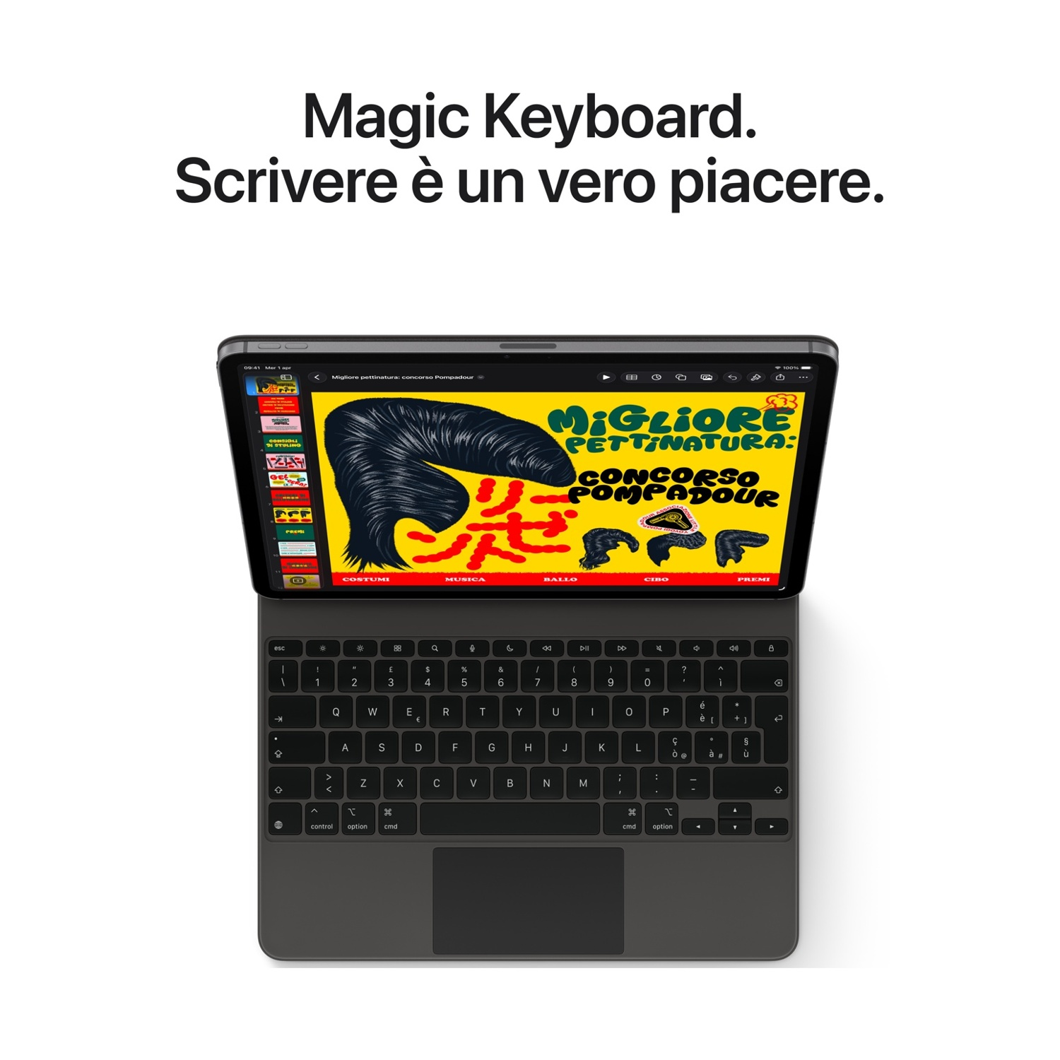 Una Magic Keyboard nera con un tablet aperto che mostra una grafica colorata.