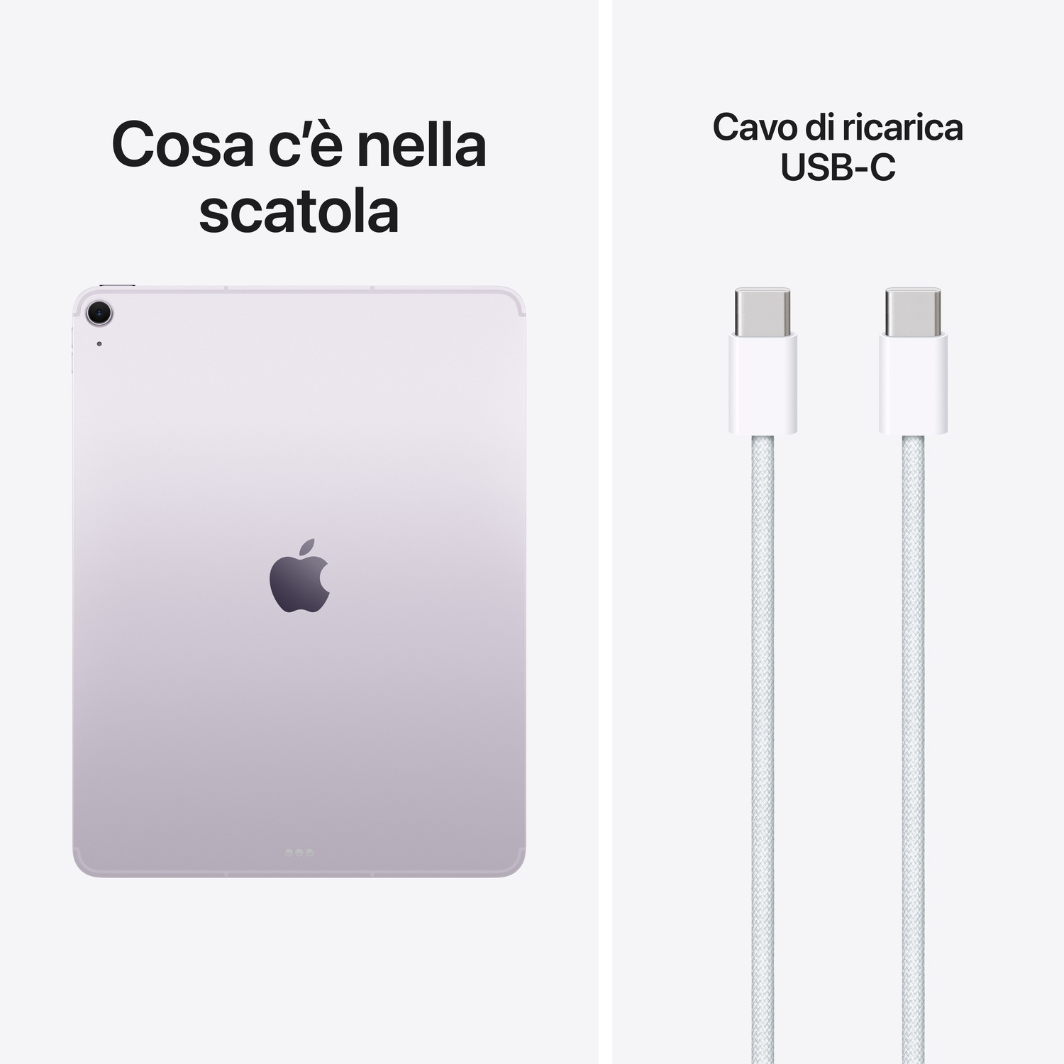 Un tablet viola e due cavi di ricarica USB-C bianchi su sfondo bianco.