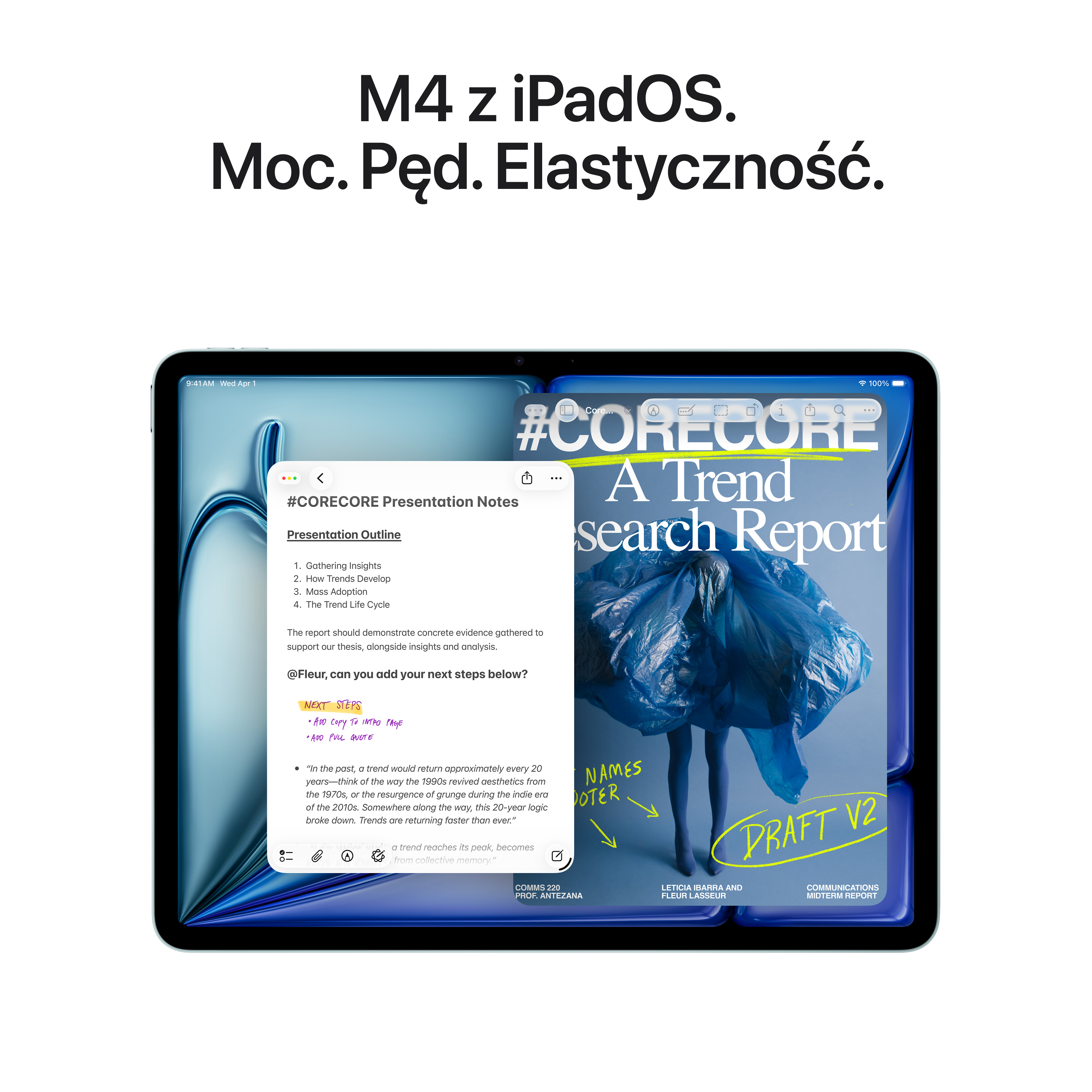iPad wyświetla notatki z konspektem i stronę tytułową z napisem „A Trend Search Report”.