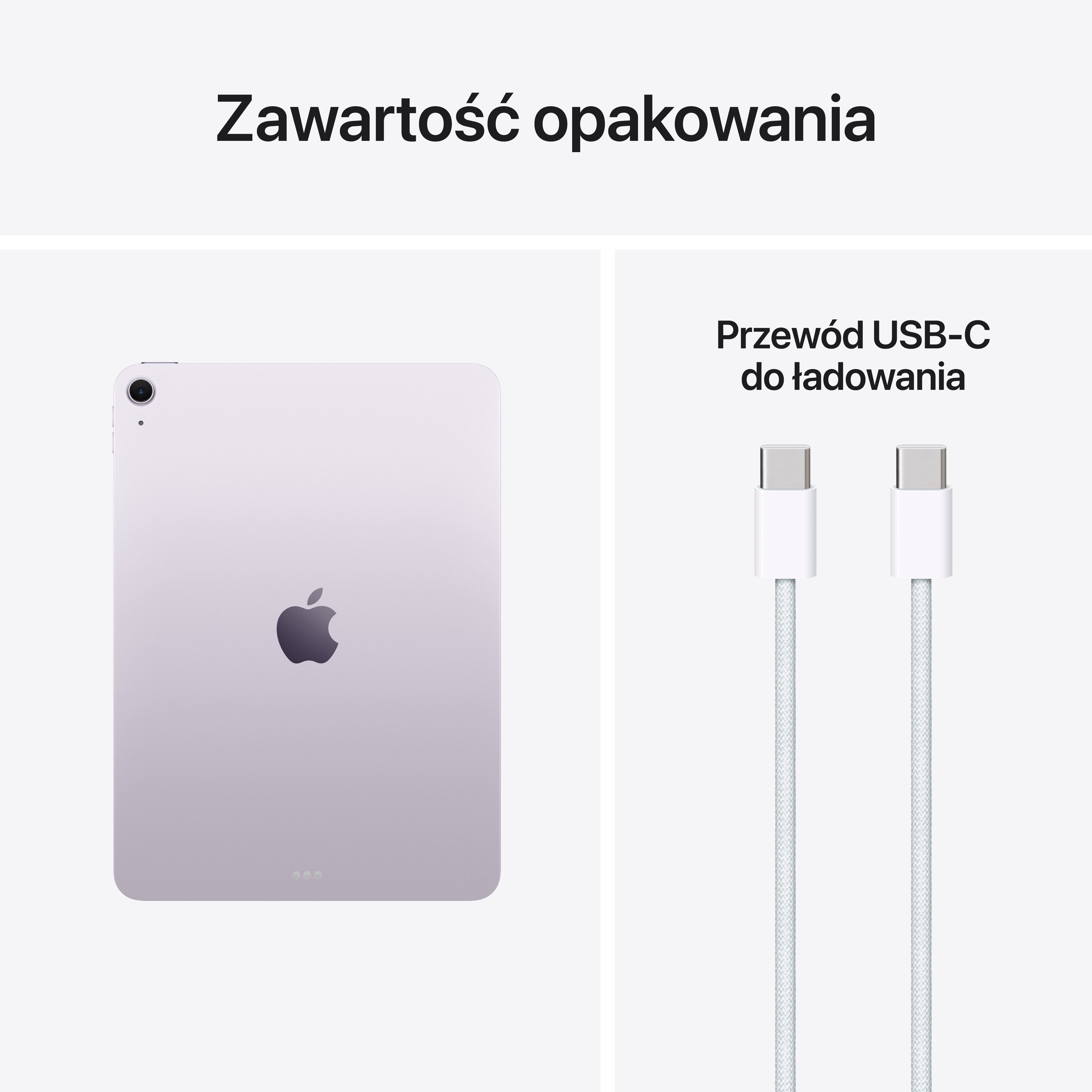 Fioletowy tablet i dwa białe kable USB-C do ładowania na szarym tle.