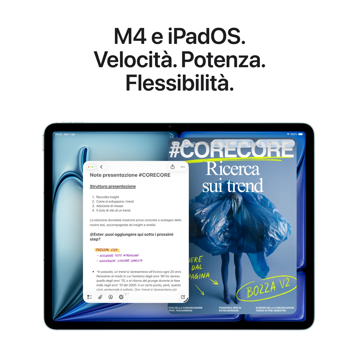 Un tablet mostra un'app note con testo sui trend e una rivista con l'etichetta #CORECORE.