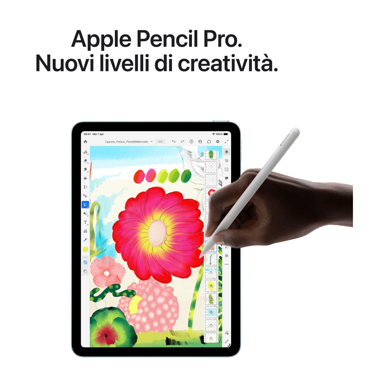 Una mano usa Apple Pencil Pro per creare un disegno floreale colorato su tablet.