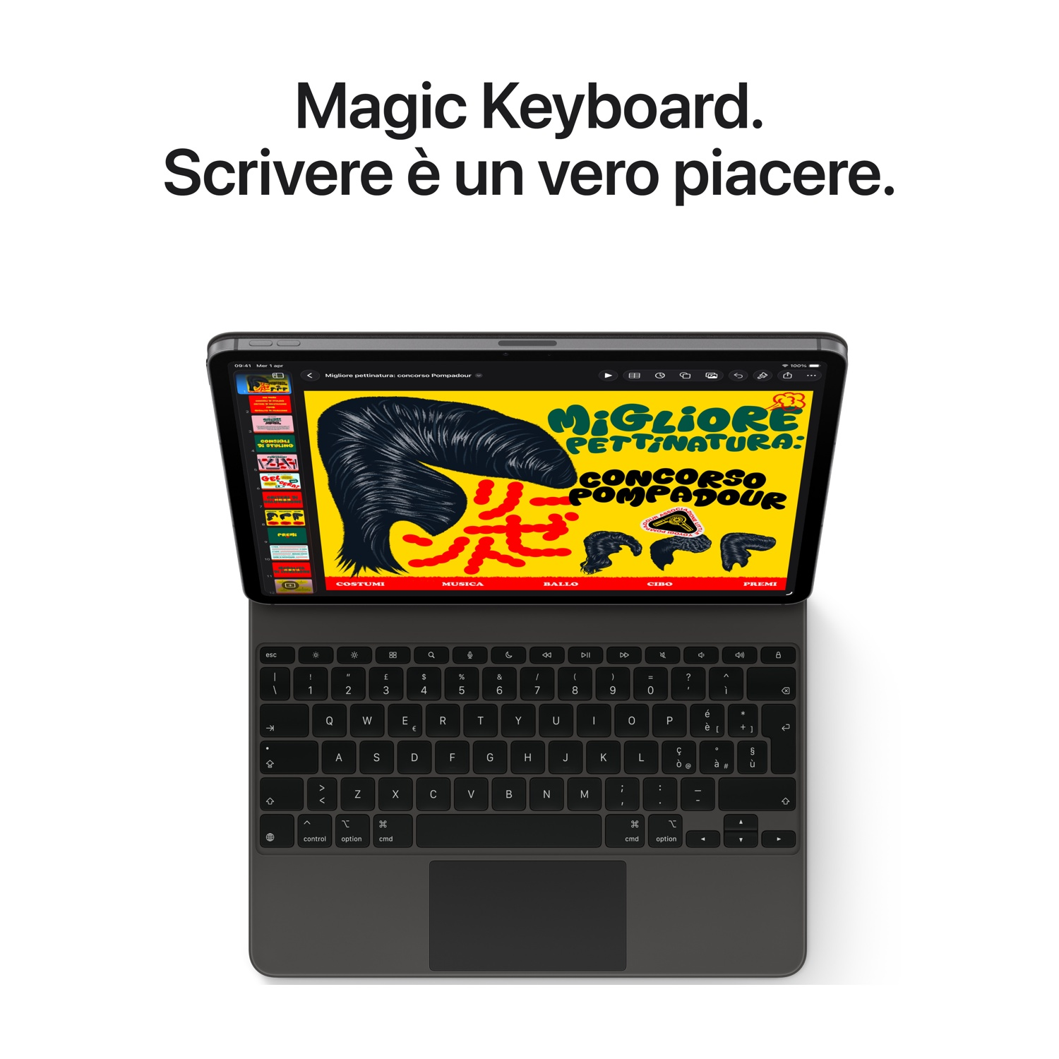 Un MacBook con Magic Keyboard mostra una pagina web su un concorso di acconciature.