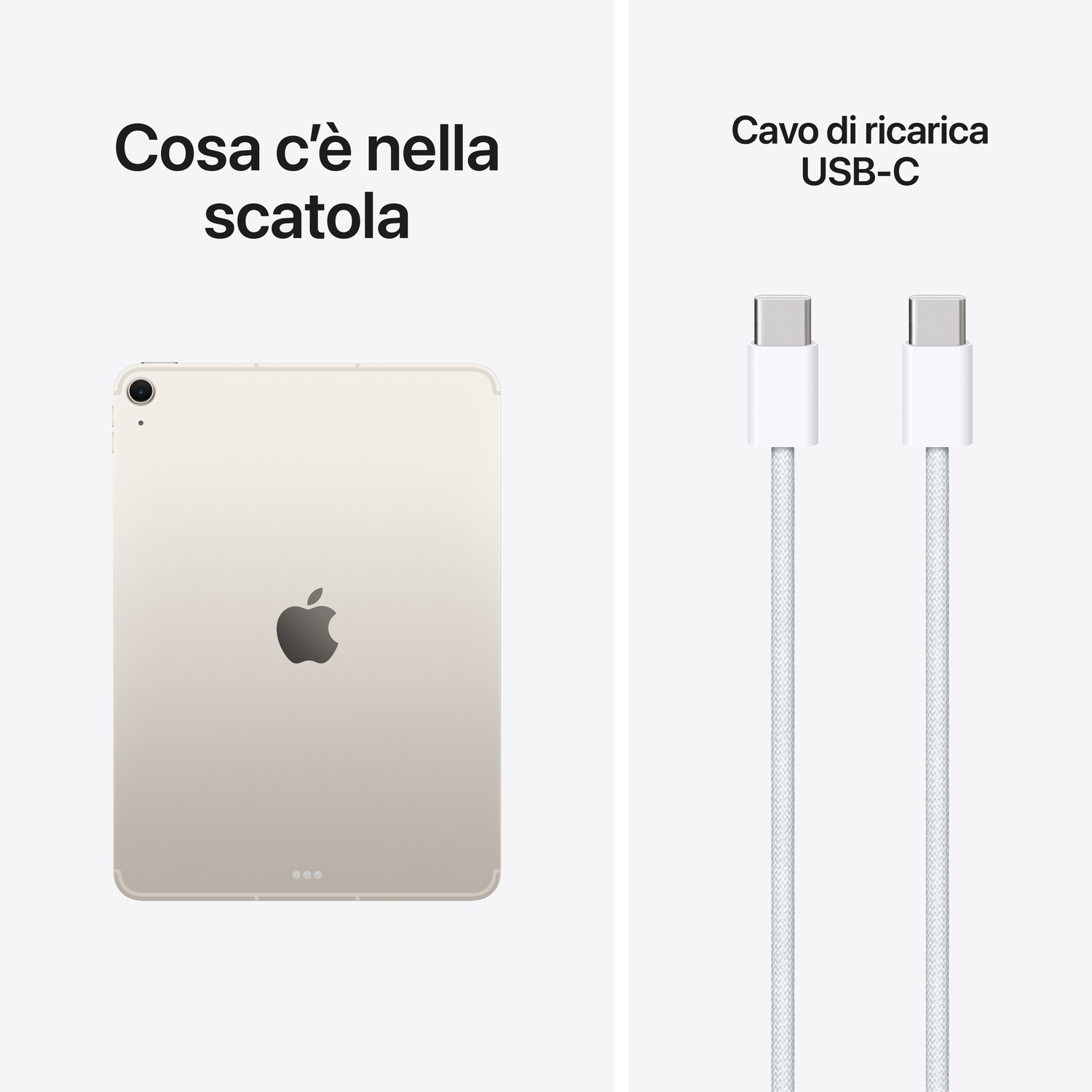 Un iPad e due cavi di ricarica USB-C bianchi su sfondo grigio.