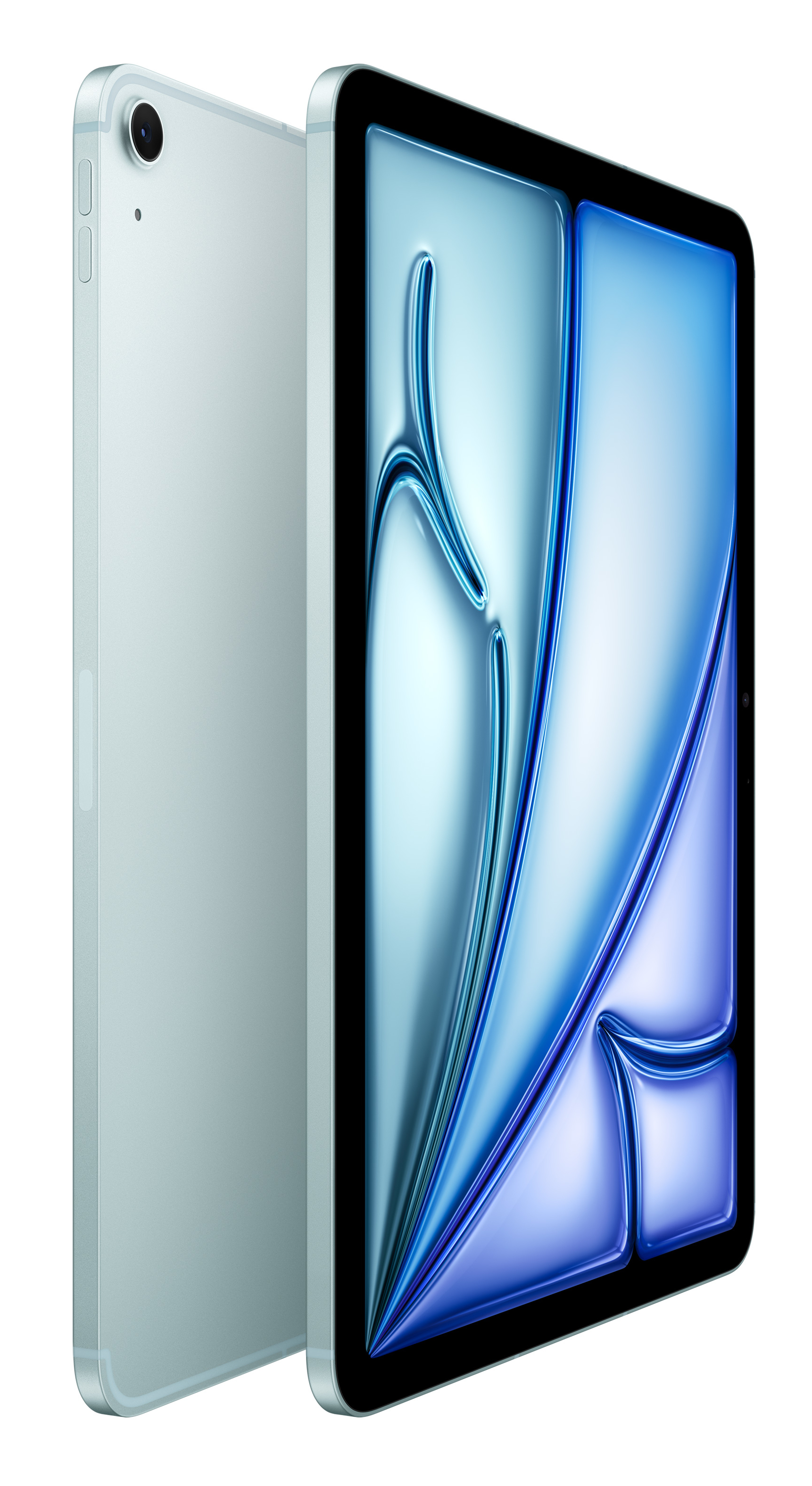 Jasnoniebieski tablet z tylną kamerą i niebieskim abstrakcyjnym tłem na ekranie.