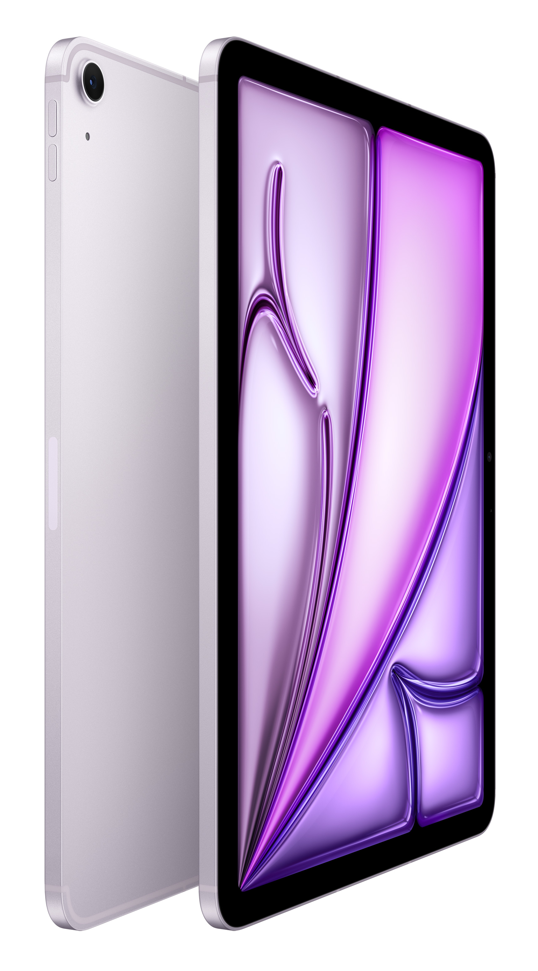 Srebrny tablet z fioletowym tłem jest pokazany od tyłu.