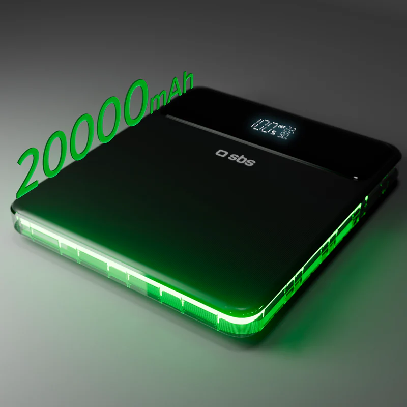 Schwarzes Powerbank mit grüner Beleuchtung und 20000 mAh Anzeige.