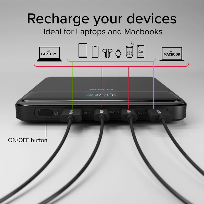 Schwarze Powerbank mit mehreren angeschlossenen Kabeln. Ideal für Laptops & Macbooks.