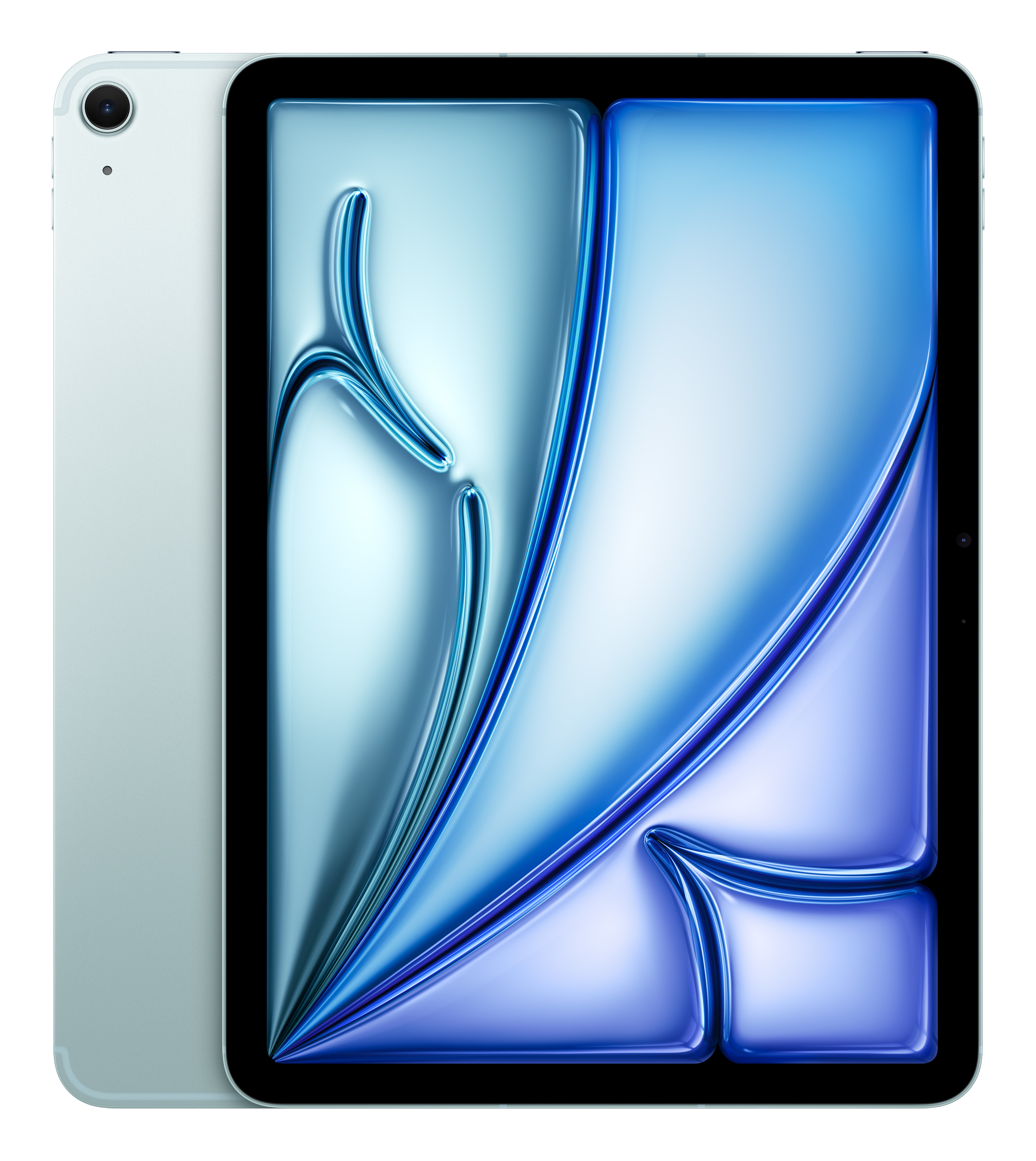 Jasnozielony tablet z niebieskim, błyszczącym tłem ekranu.