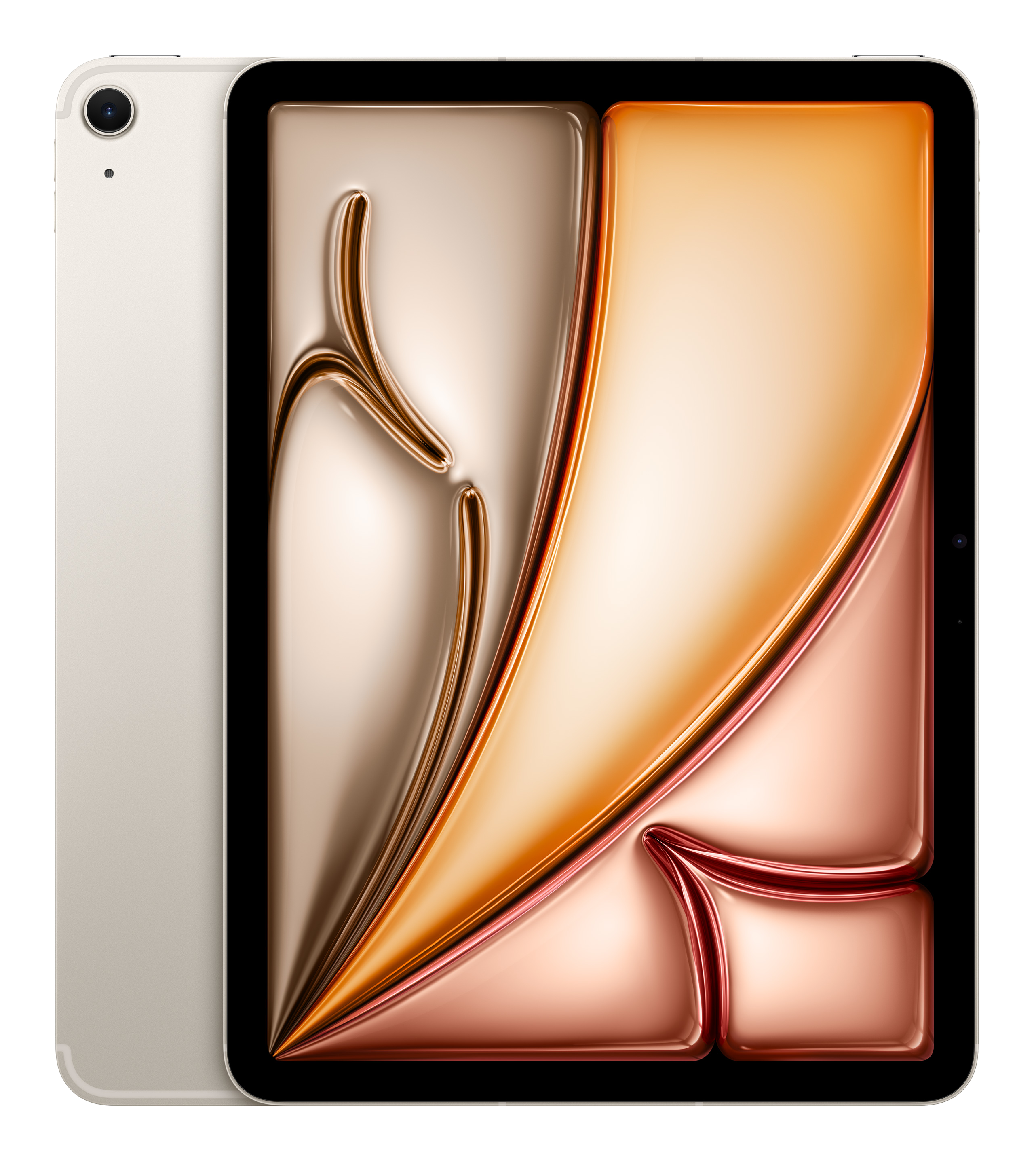 Srebrny tablet z abstrakcyjnym, płynnym tłem w kolorze złotym i różowego złota.