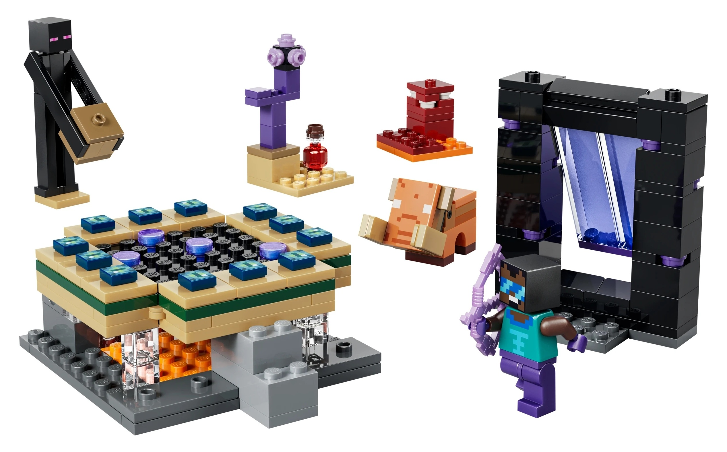 Zestaw Lego Minecraft z Endermanem, Piglinem, postacią i portalem.