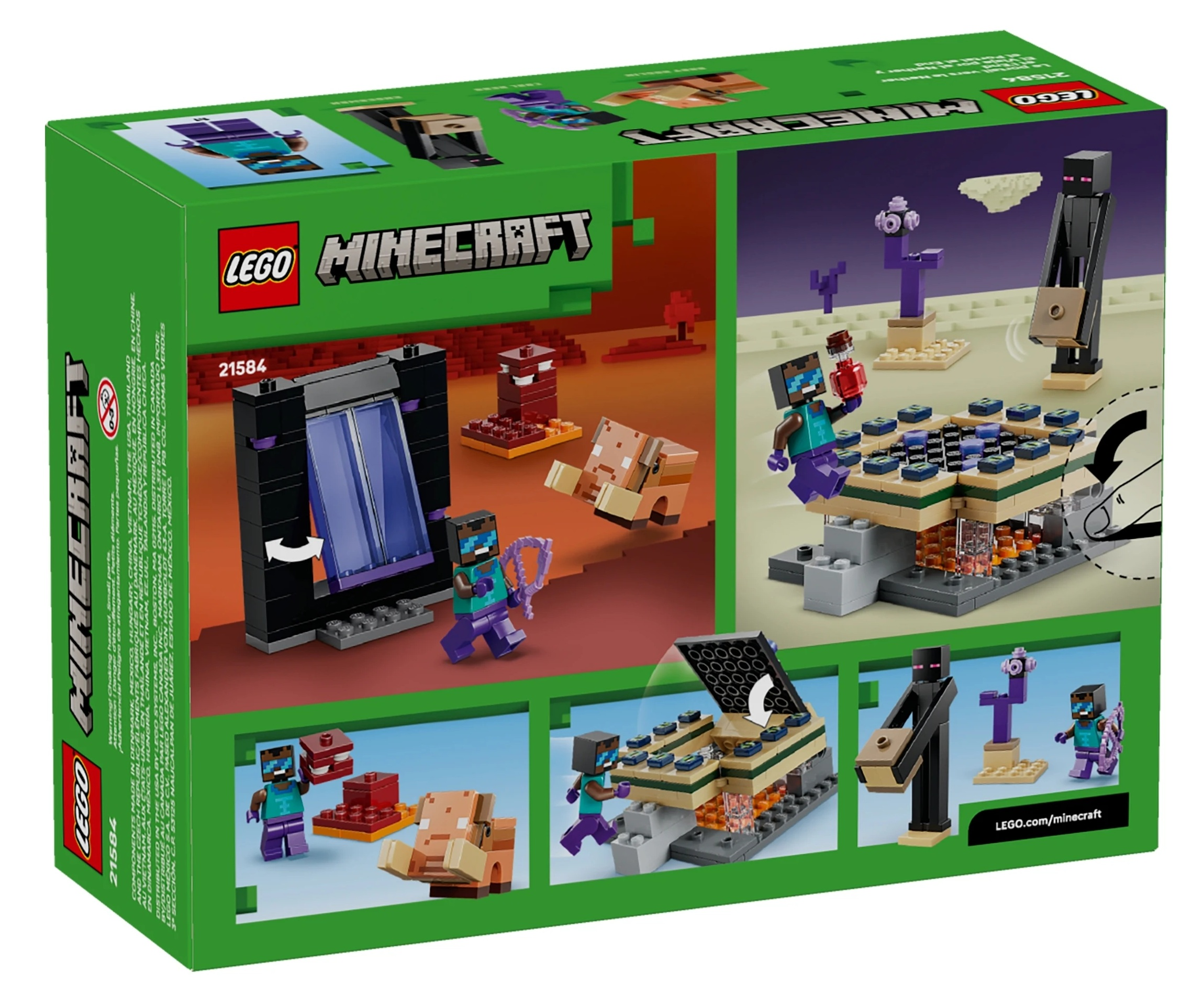 Pudełko LEGO Minecraft pokazujące sceny i postacie z gry.