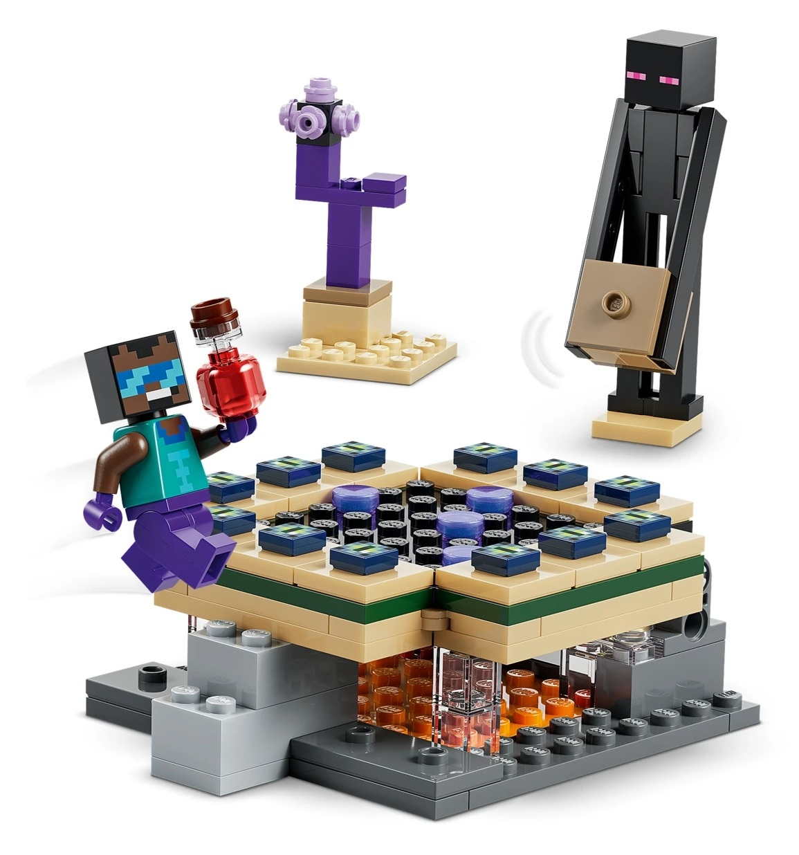 Figurki Lego Steve'a i Endermana z portalem i fioletowym obeliskiem.