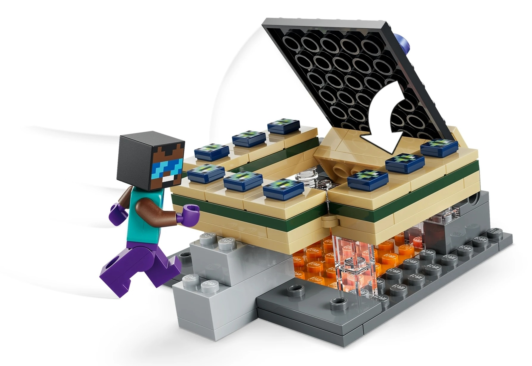 Postać z Minecraft z niebieskimi goglami przed budowlą Lego z lawą.