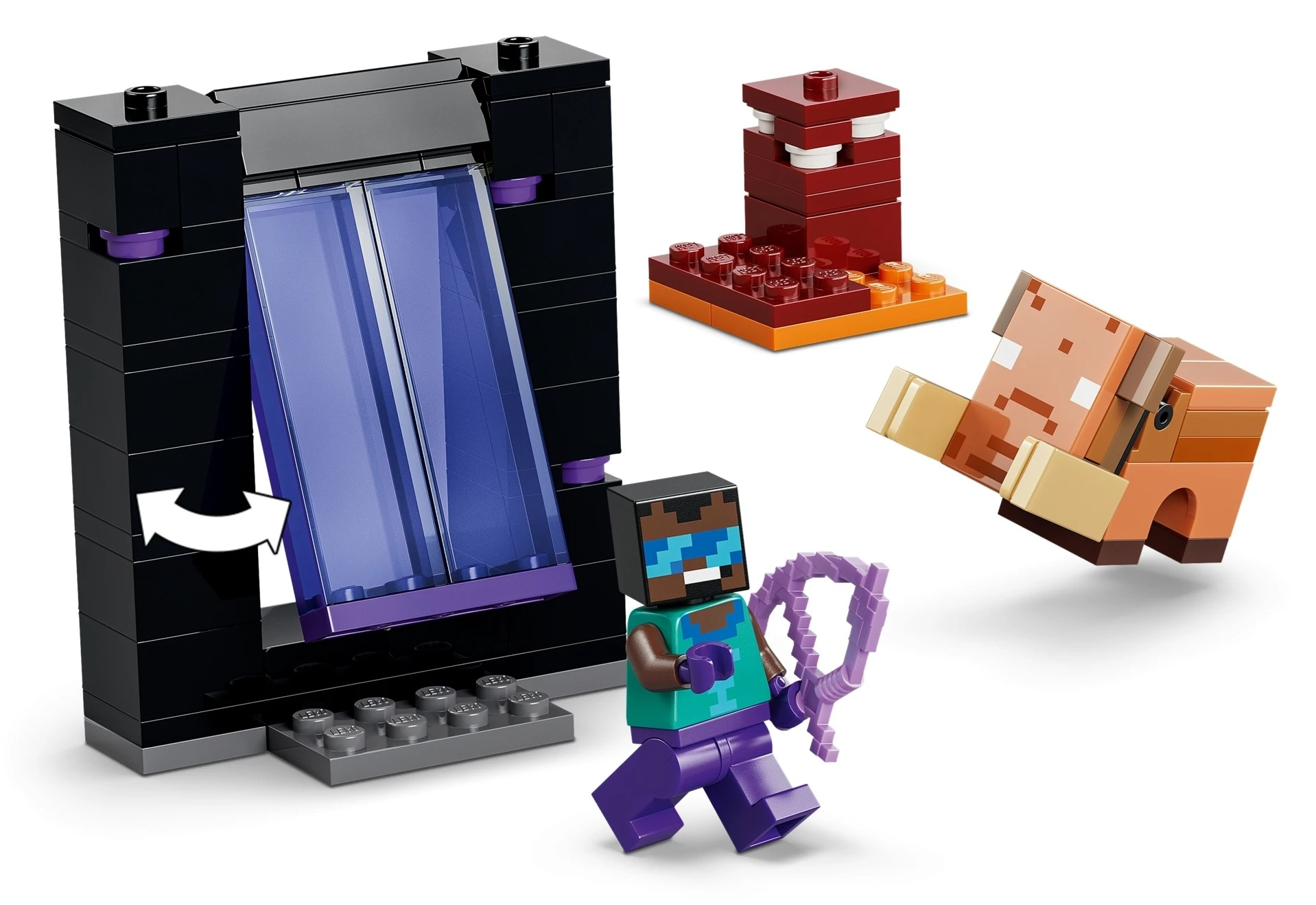 Figurki Lego: Portal, sześcian magmy i świniak.
