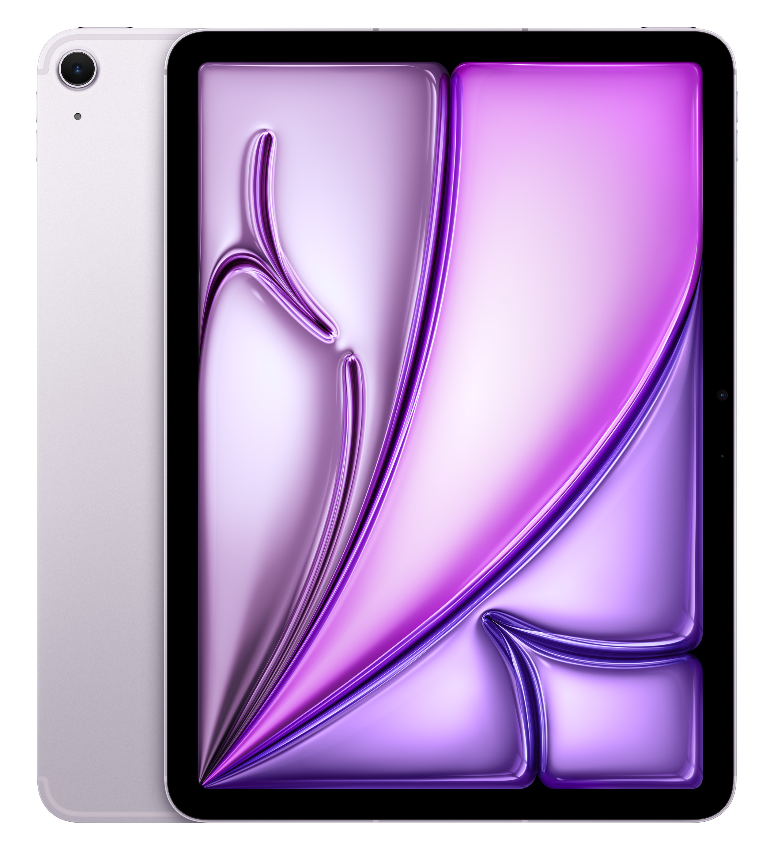 Fioletowy tablet z abstrakcyjnym wzorem na ekranie.