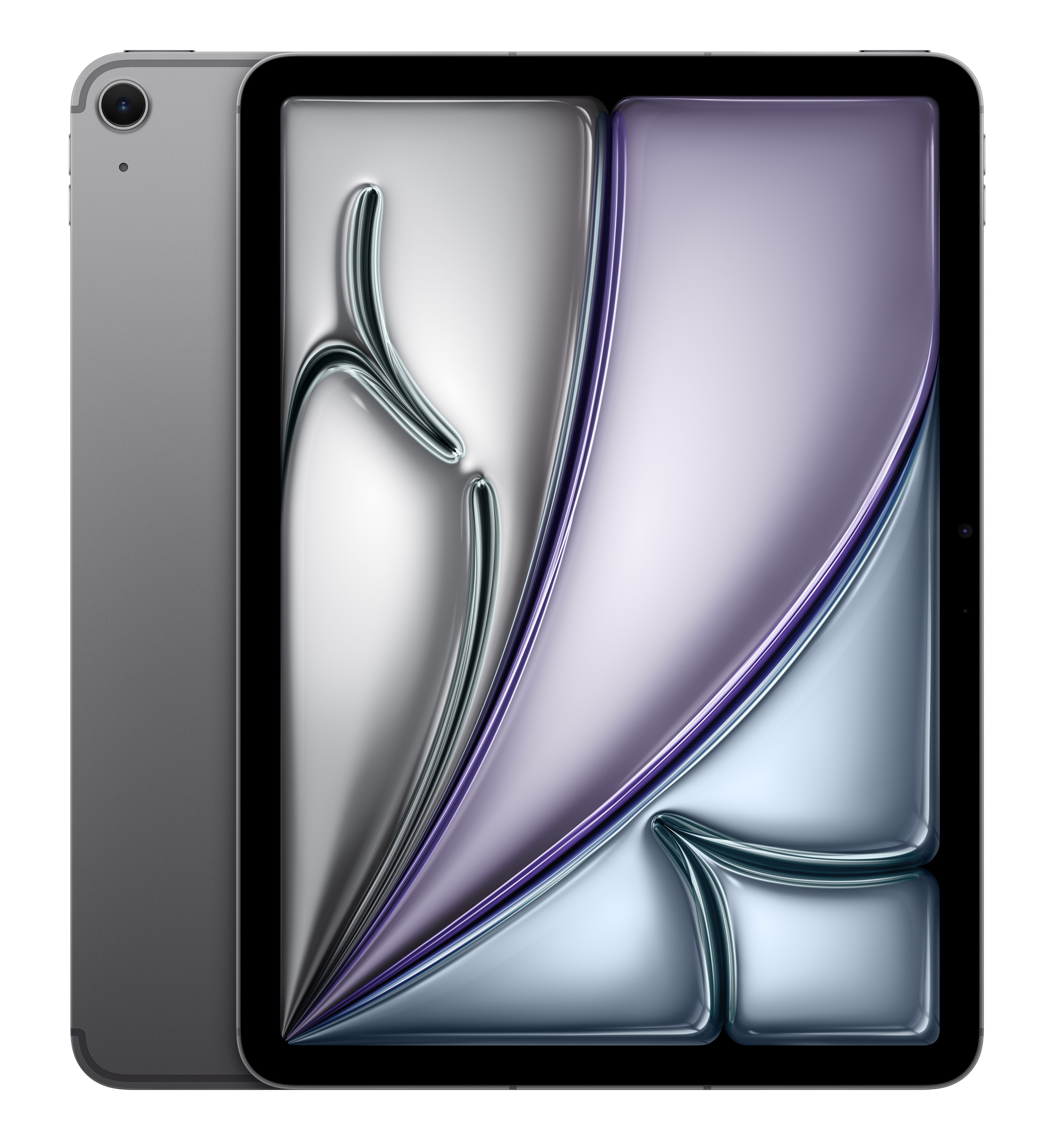 Szary tablet z abstrakcyjnym, falistym fioletowo-srebrnym tłem.