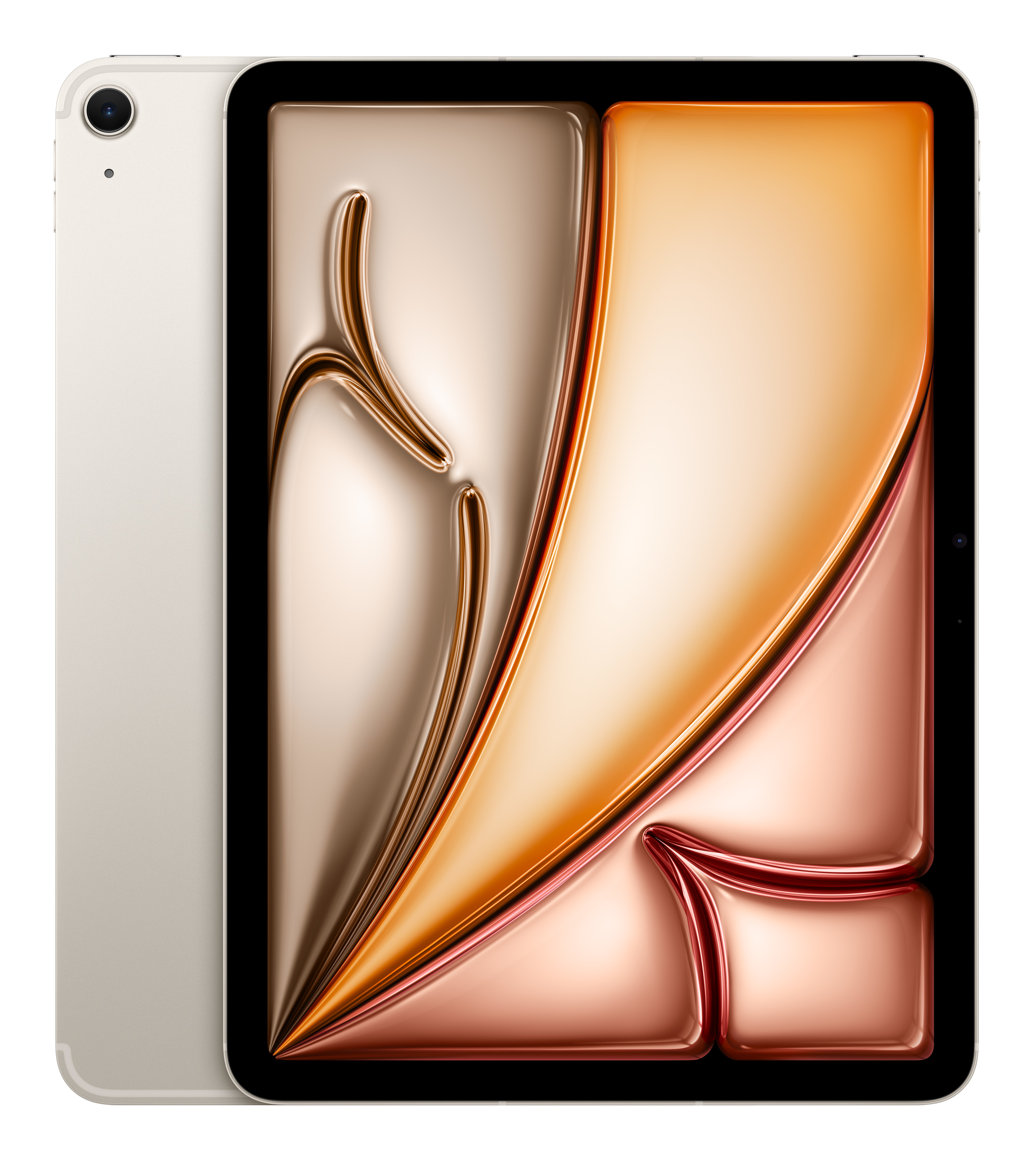 Srebrny tablet z kolorowym, płynnym tłem.