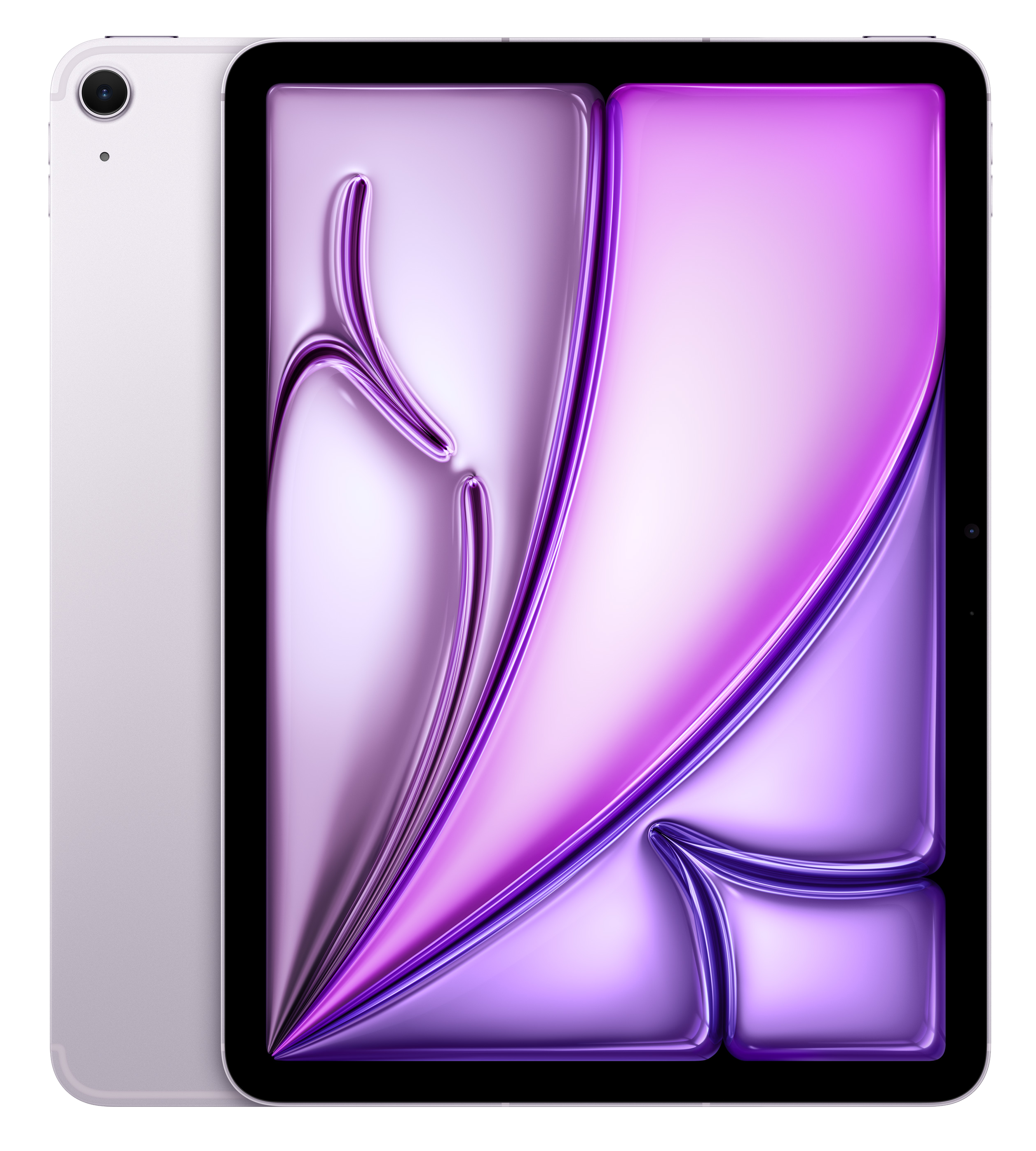 Fioletowy tablet z abstrakcyjnym, płynnym wzorem na ekranie.