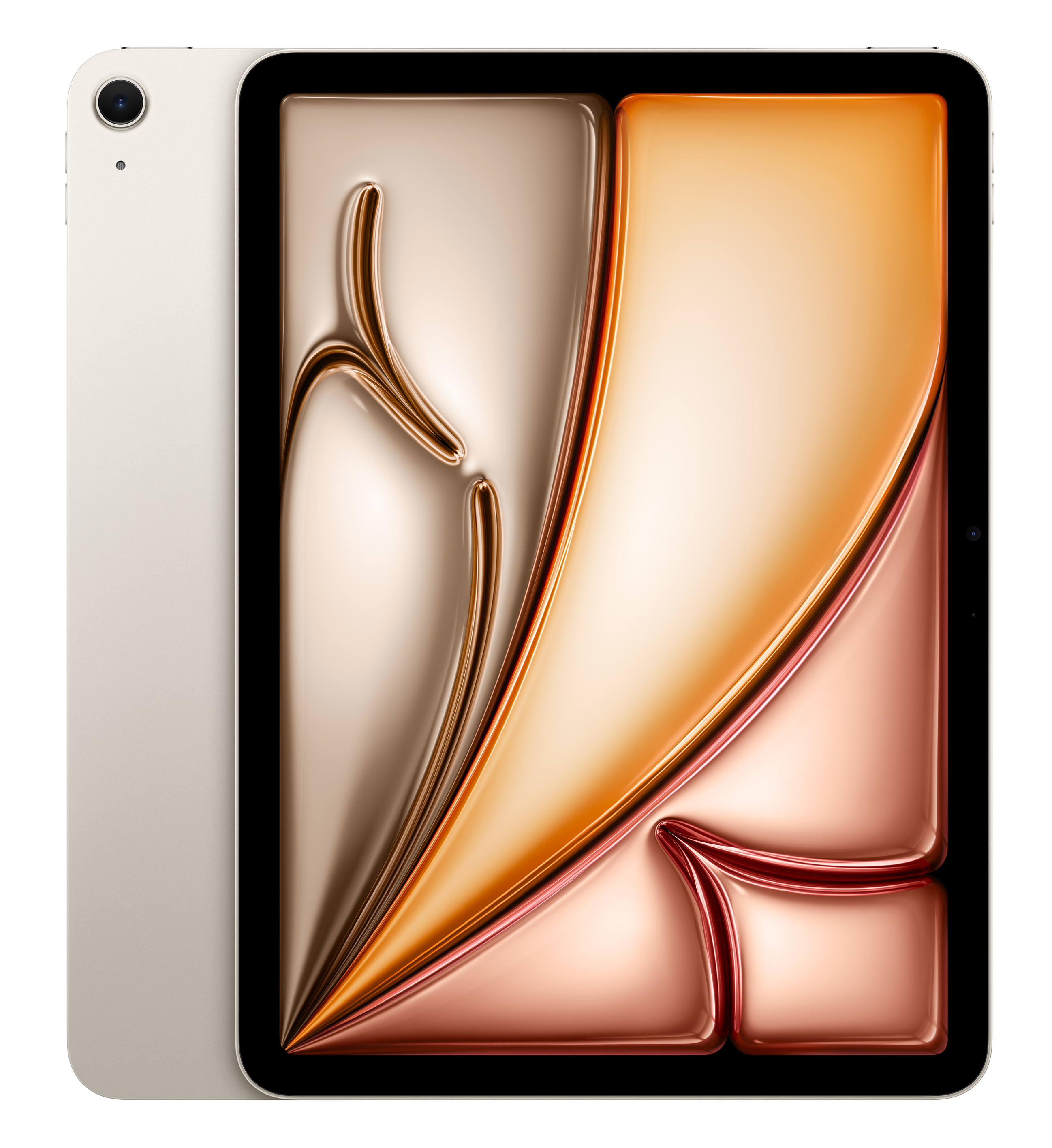 Srebrny tablet z abstrakcyjnym, metalicznym tłem w odcieniach złota i różu.